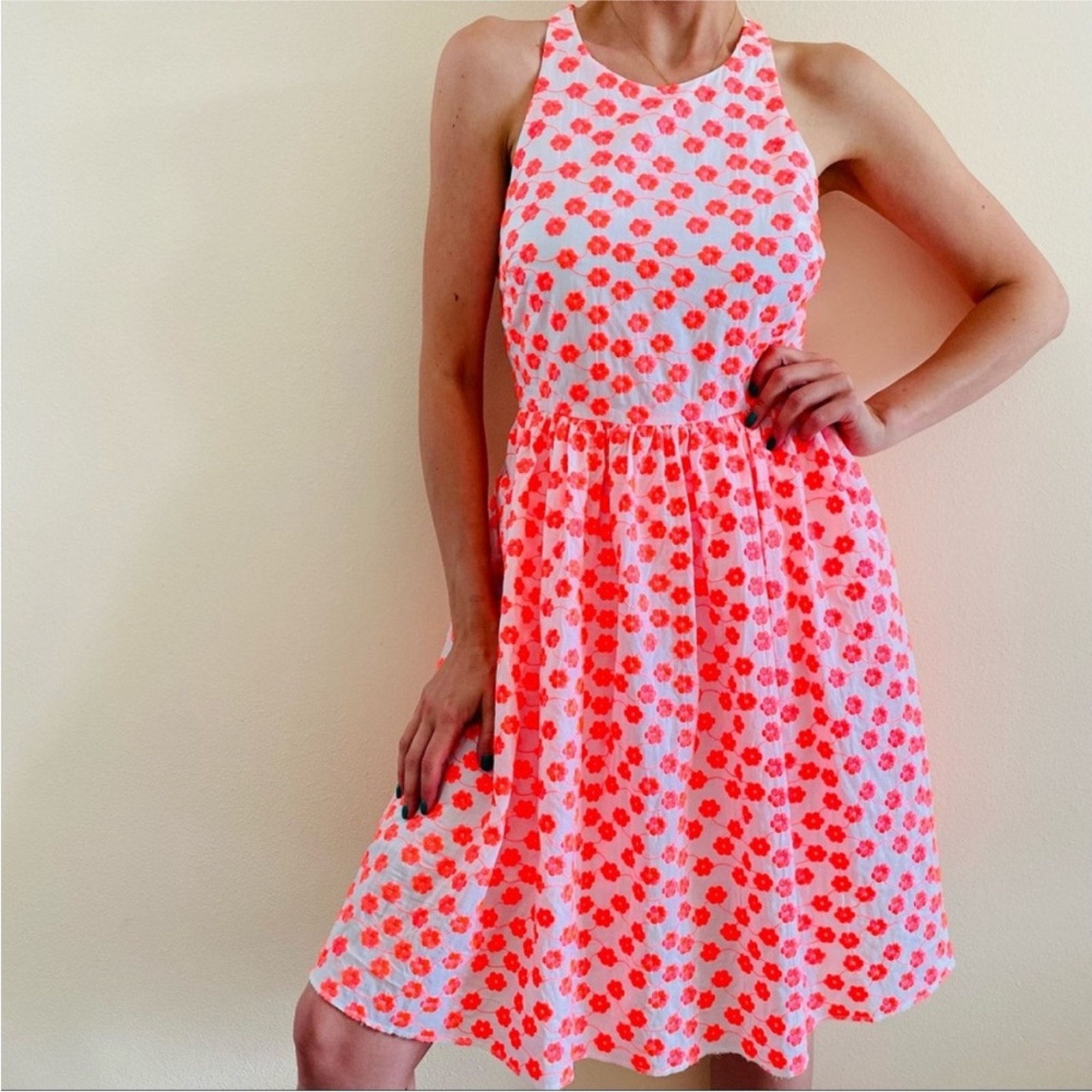 J. Crew White Neon Pink Embroidered Floral Racer Dress A5586 Size 10 Fit Flare
