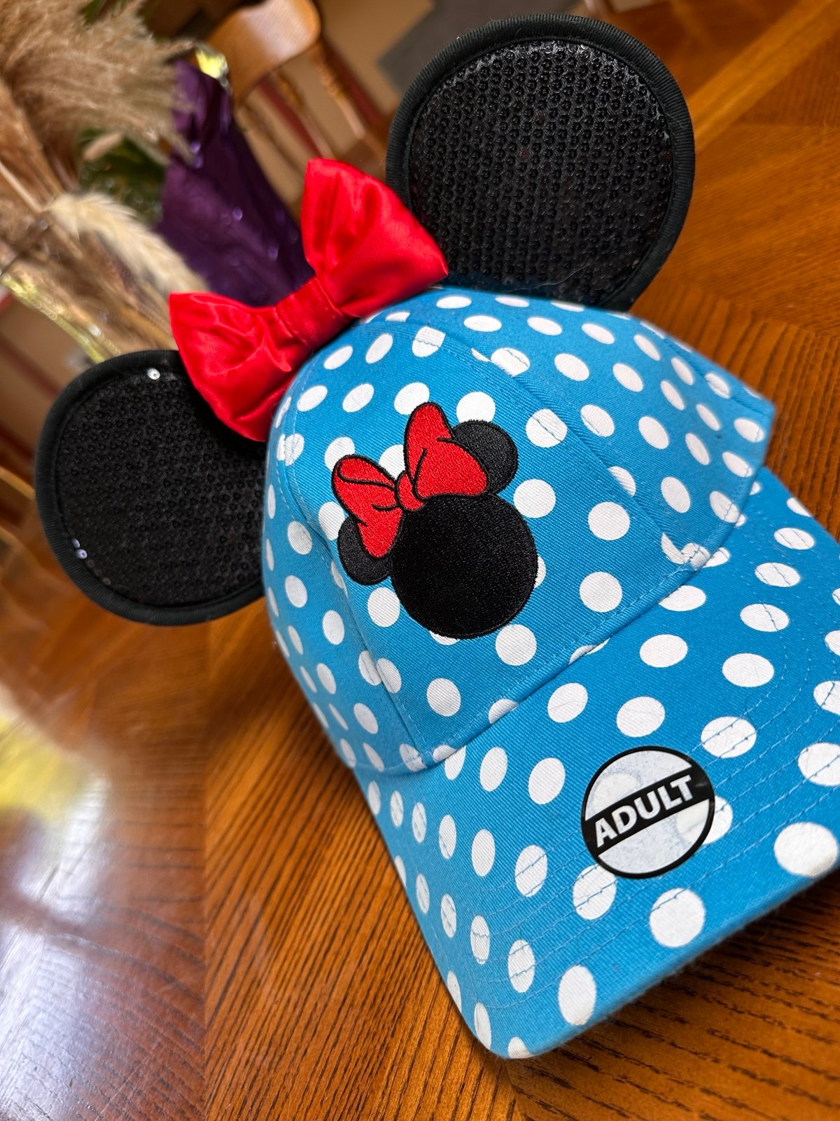 Disney Minnie Mouse Blue Polka Dot Sequin Ears Baseball Hat Snap back New Adult