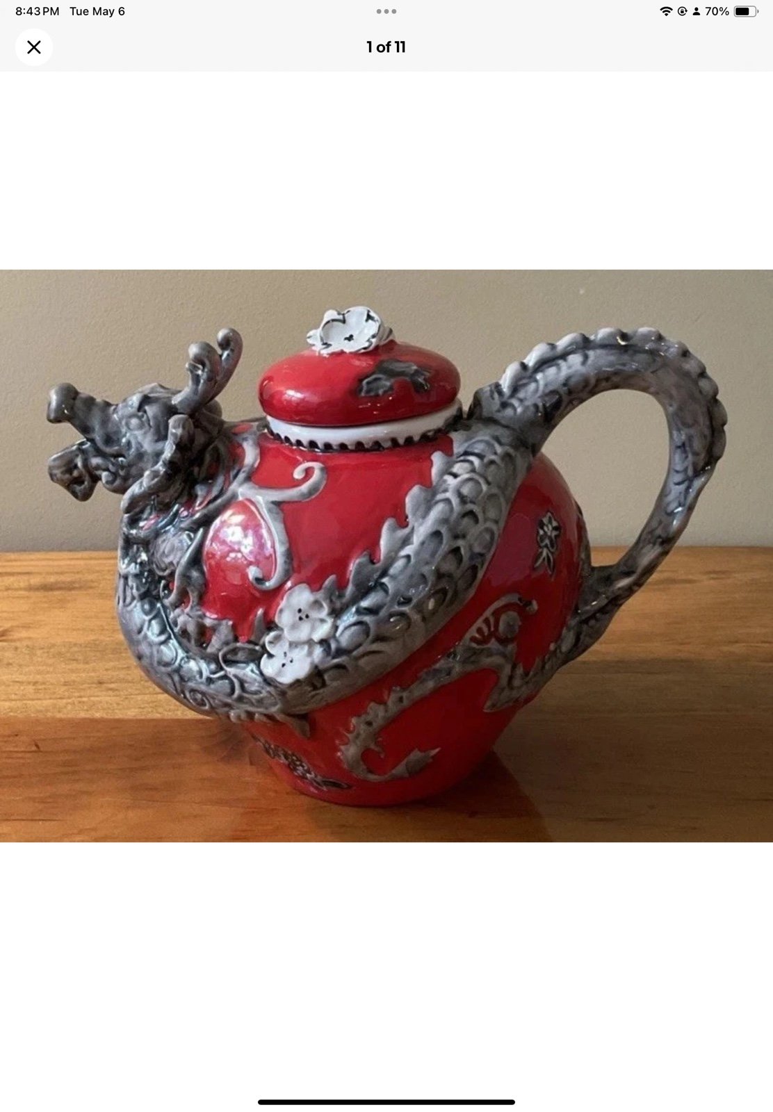 BLUE SKY Heather Goldminc Ornate Ceramic Dragon Teapot Red/white/gray Floral