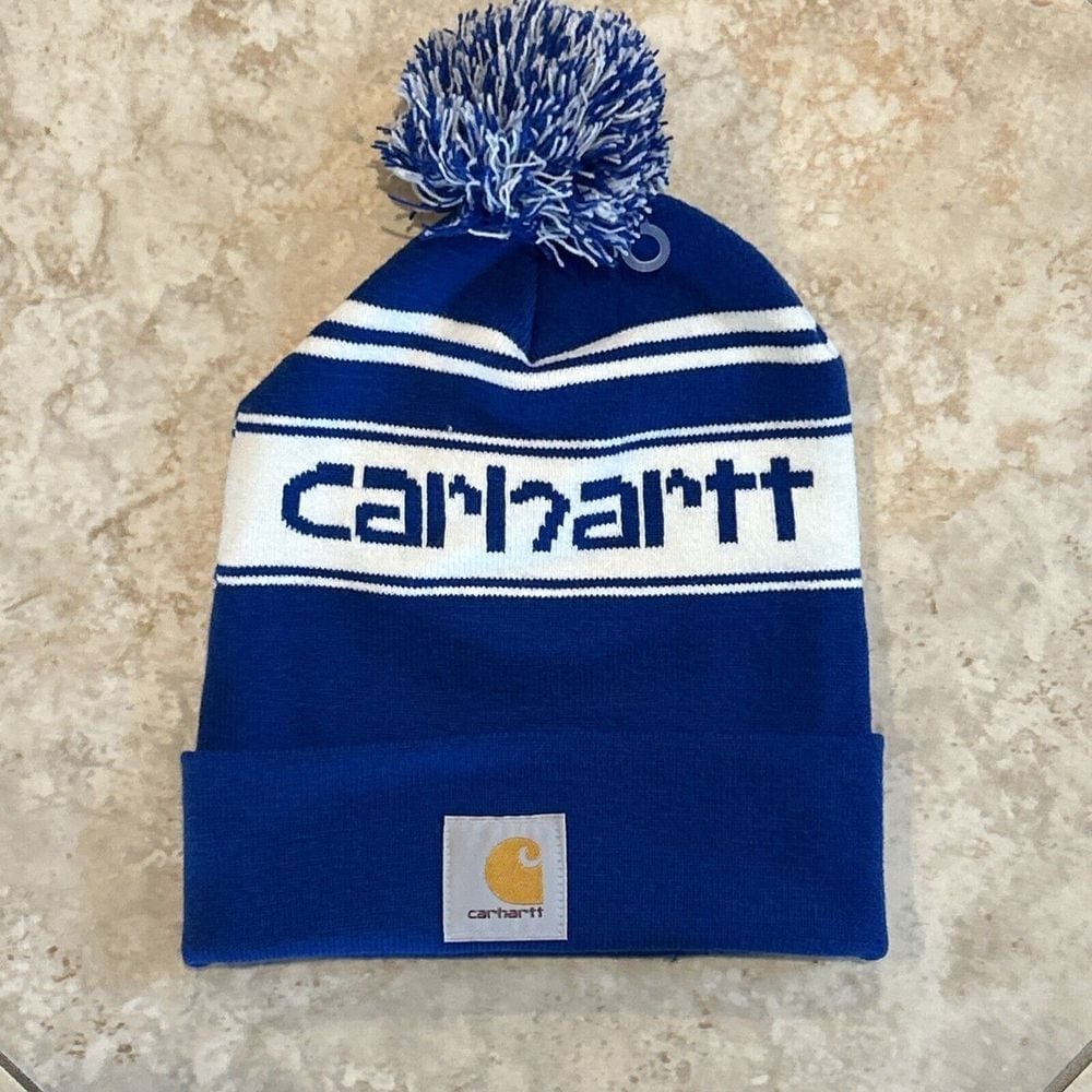 Carhartt Beanie Knit Pom-Pom Cuffed Logo Beanie Blue White Logo Brand New