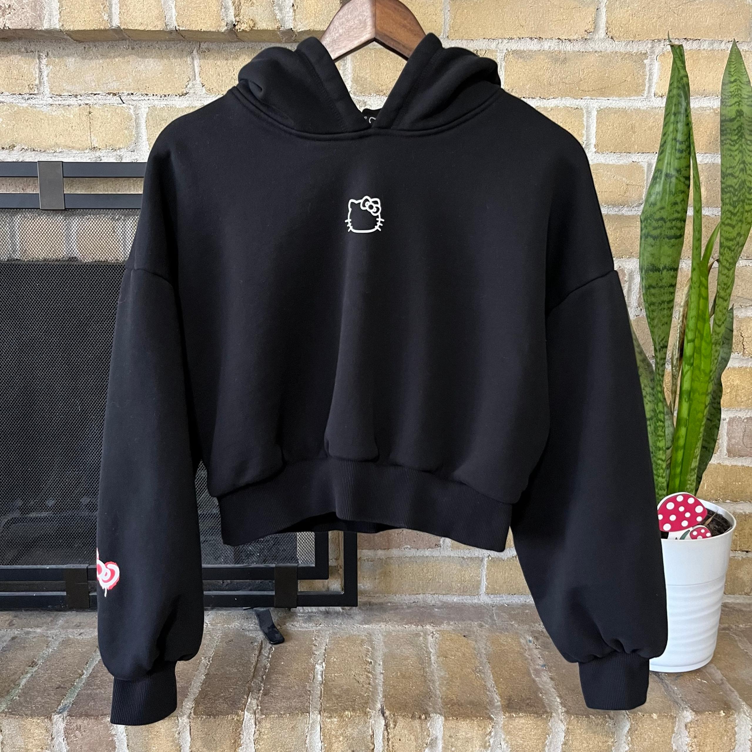 Hello Kitty Forever 21 Black Crop Hoodie Red Bow Size Large
