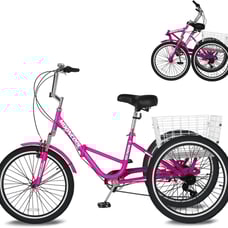 MOONCOOL Pink Adult Folding Tricycle 7 Speed 20/24/26 Inch Adult Tricycle