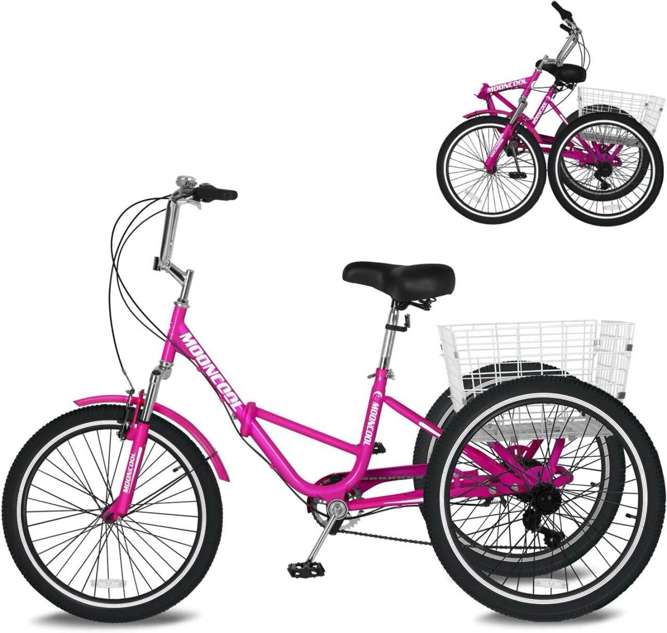 MOONCOOL Pink Adult Folding Tricycle 7 Speed 20/24/26 Inch Adult Tricycle