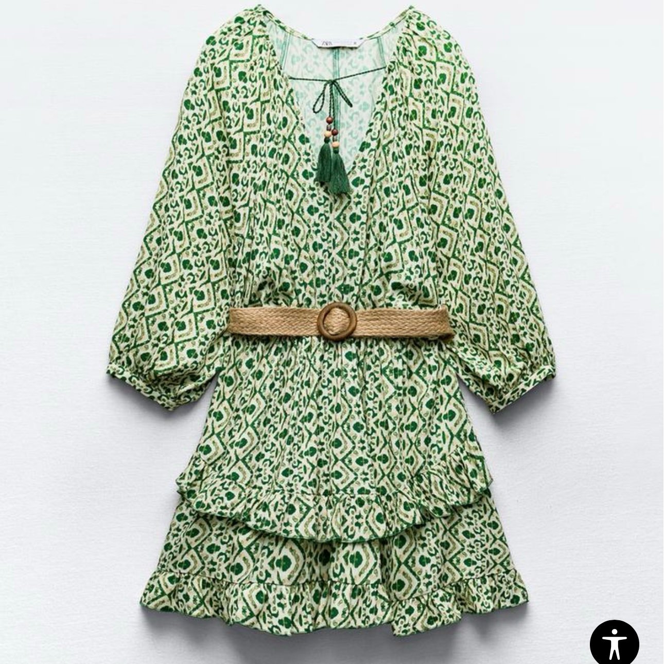 Zara green and white belted ruffle dress