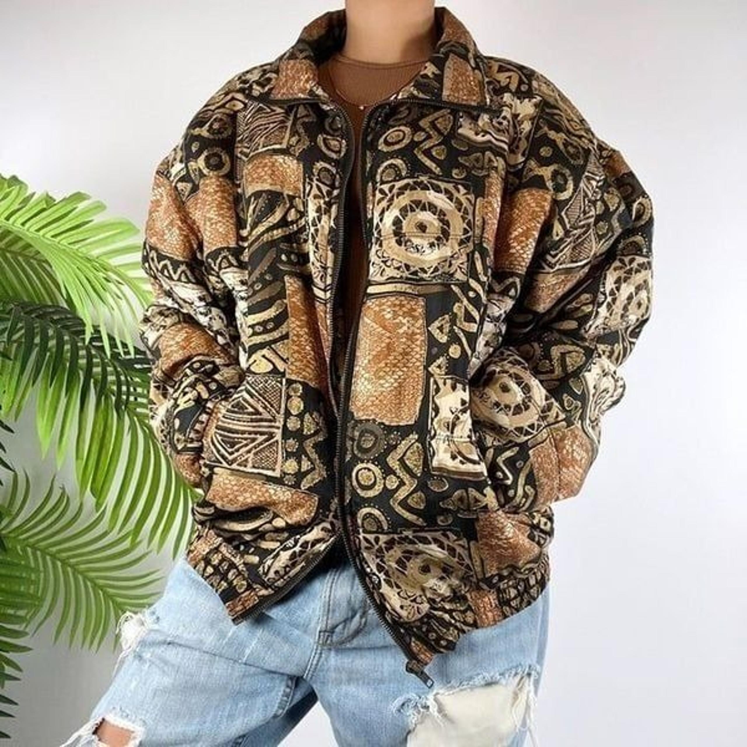 Vintage 90s Fairy Grunge Gold Aztec Silk Bohemian Retro Windbreaker Jacket / M