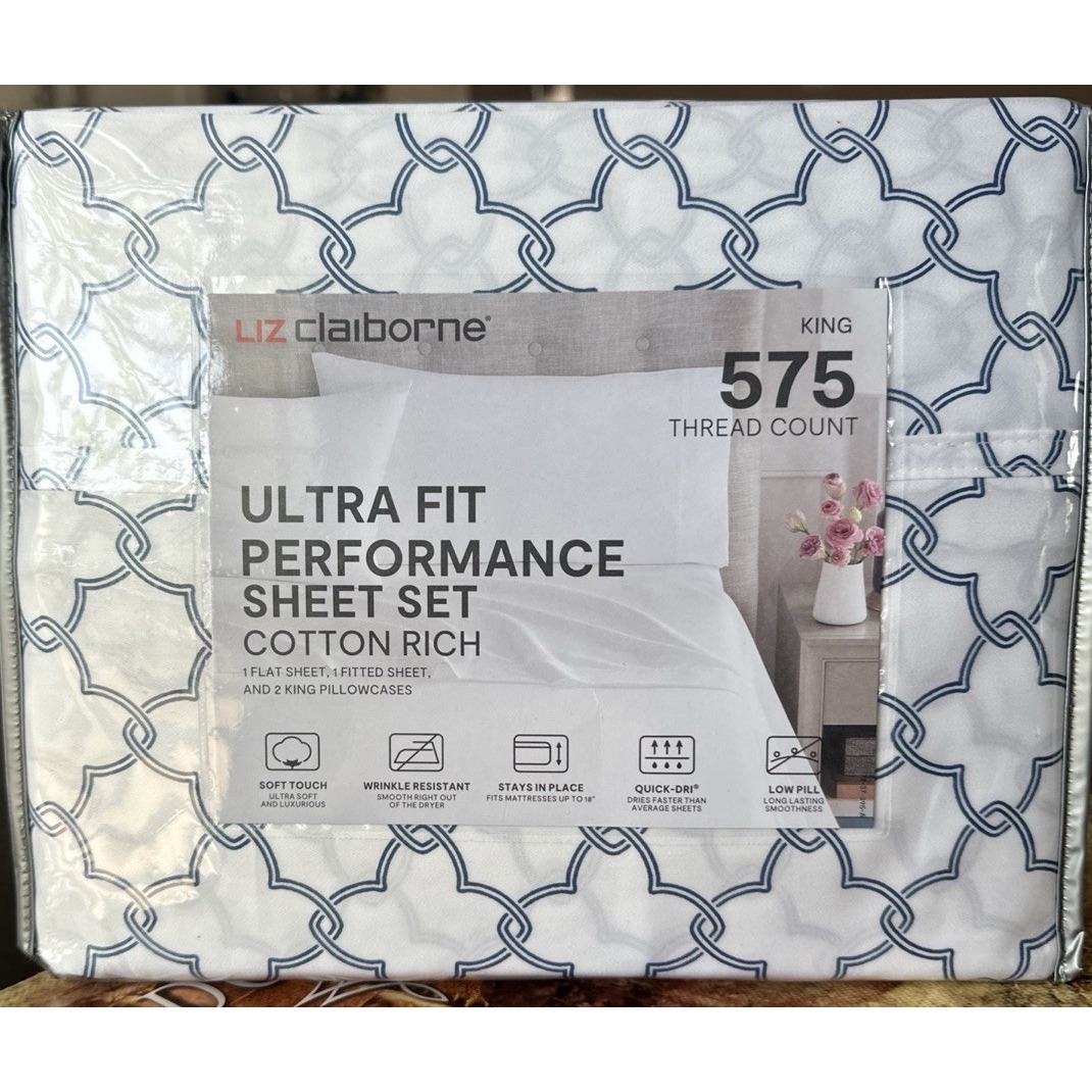Liz Claiborne Ultra Fit Performance Sheet Set KING size 575 Blue Lattice RV135