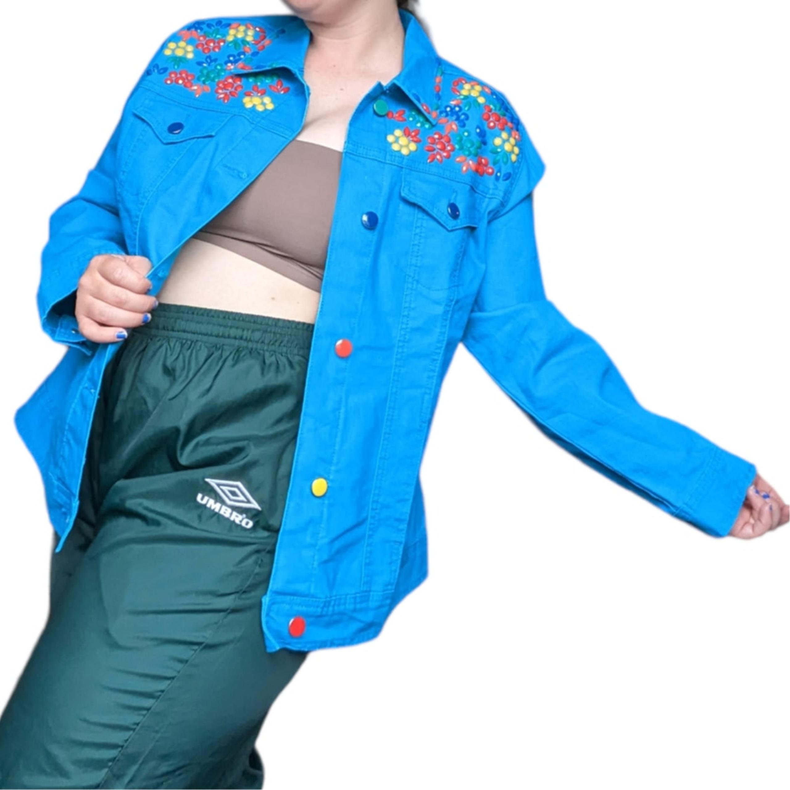 Vintage Y2K Bright Rainbow Embellished Denim Jacket Large Pride Month Kidcore