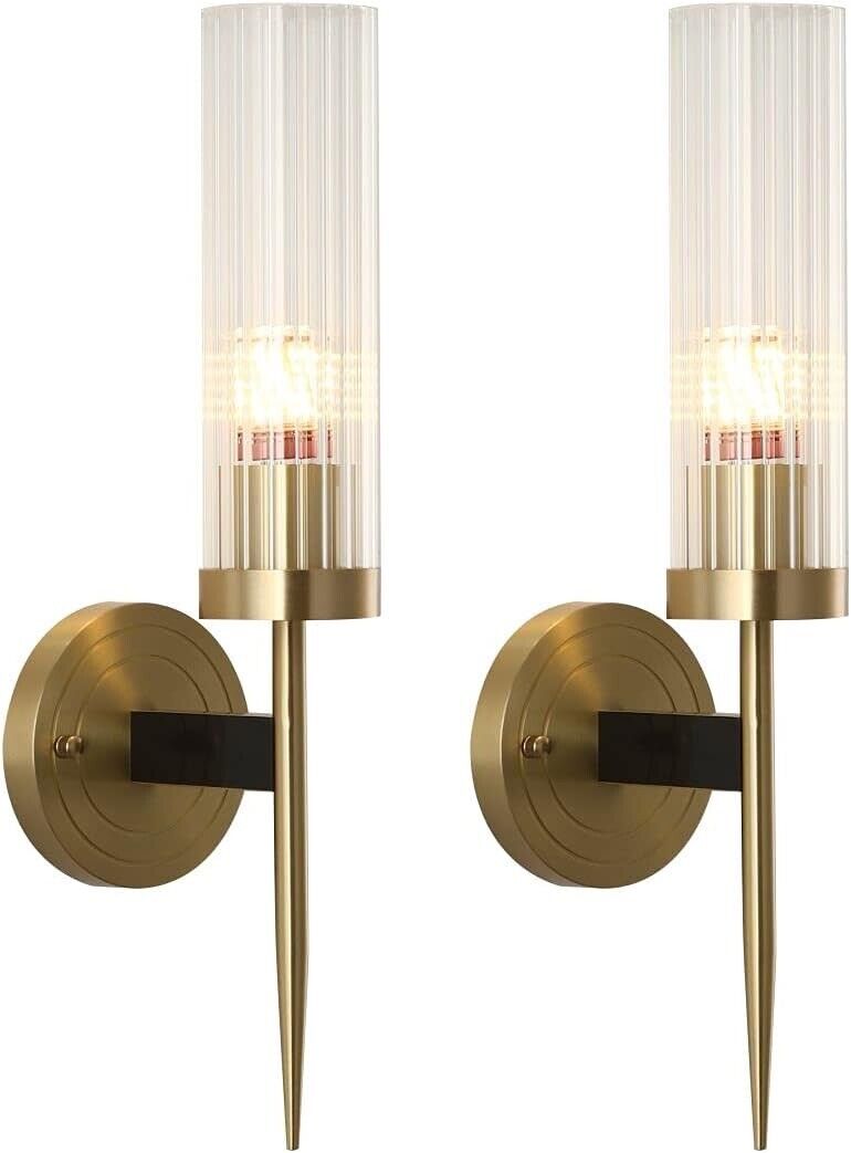 Modern Cylinder Wall Sconce Set of 2, Mid Century Antique Brass & Crystal Glass