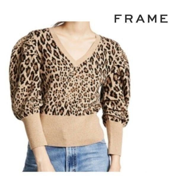 FRAME Womens Small Petite Cheetah Leopard Wool Blend Sweater Brown Tan