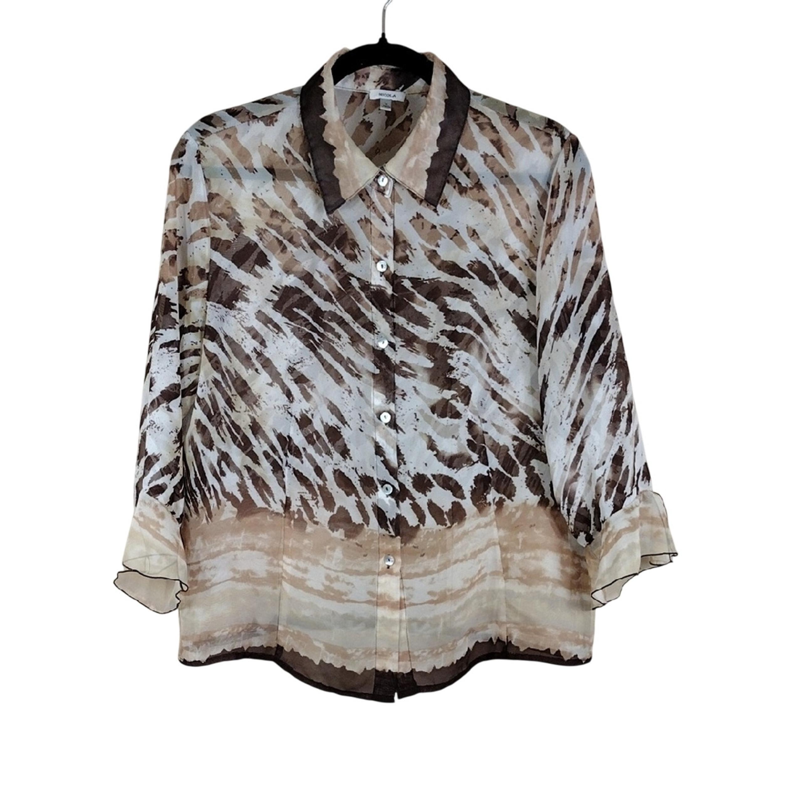 NICOLA Vintage 90s Abstract Black Brown Flowy Formal Button Down Shirt Blouse