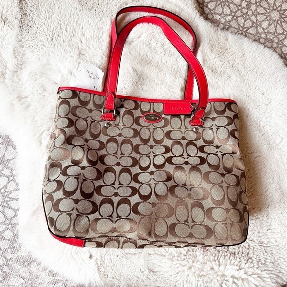 Coach 12cm Signature Zip Top Shoulder Bag Career Office Silver/ Khaki /Cardinal