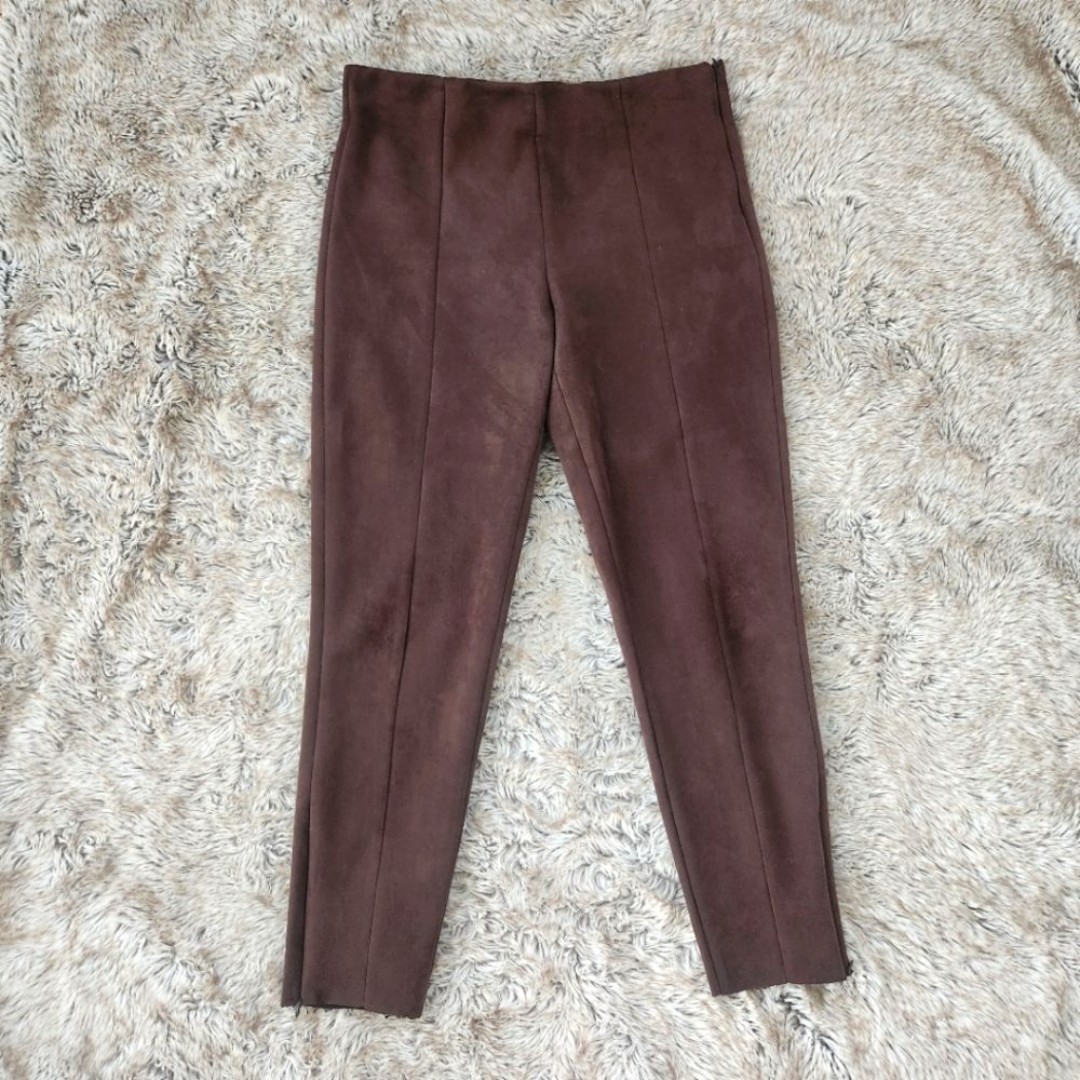 Zara High Rise Faux Suede Raw Edge Skinny Pants Chocolate Brown Size XL
