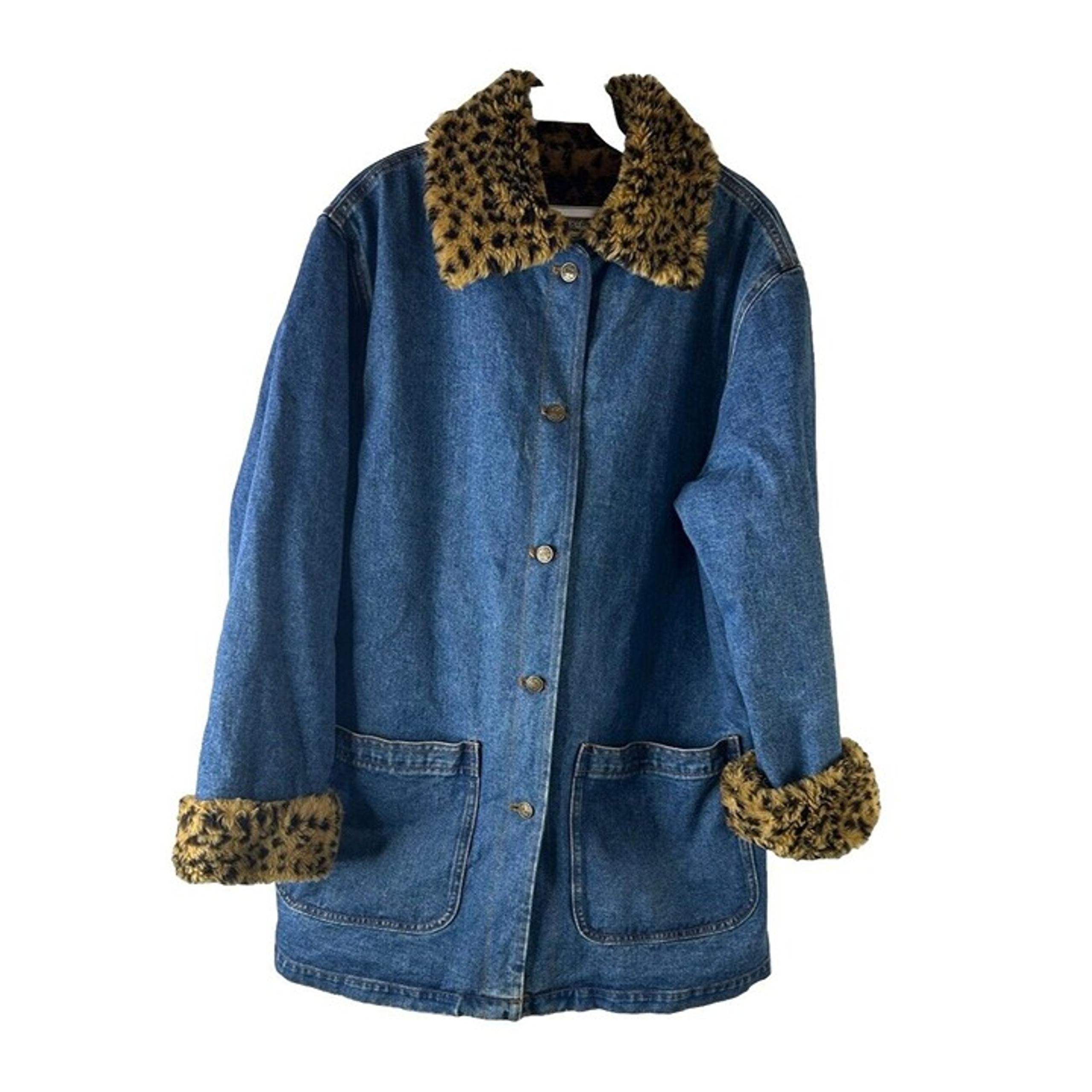 Vintage Y2K Womens Large Animal Print Faux Fur Wool Denim Penny Lane Coat Hippy
