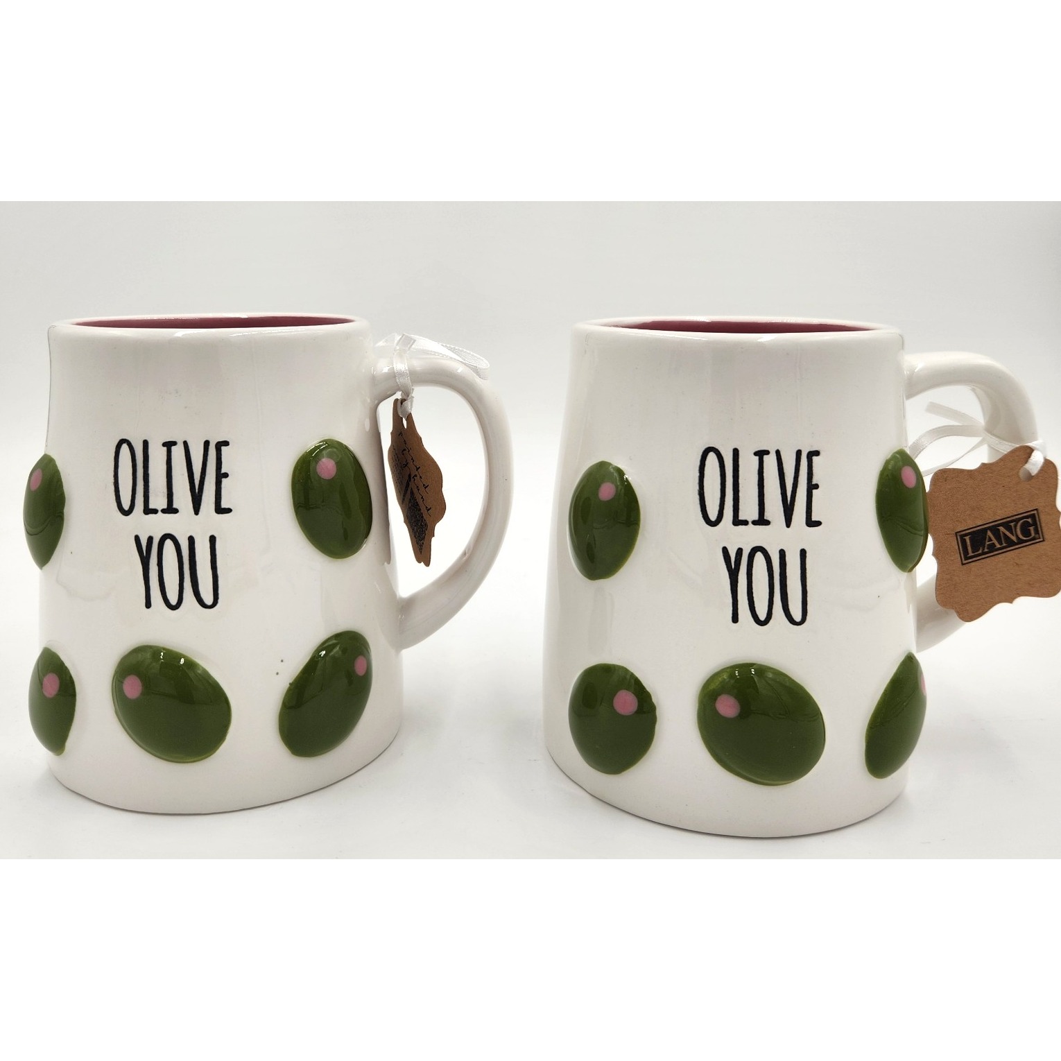 SET OF 2 NWT Lang By Design Coffee Mug Olive You Hand Painted Embossed Cup