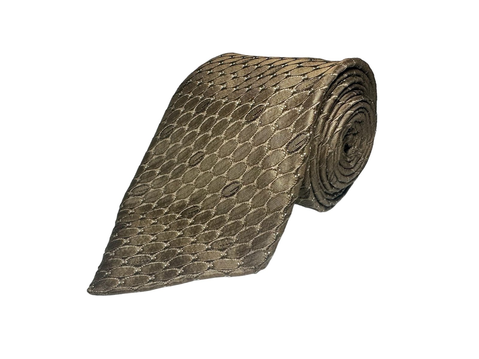 GUCCI Brown Gold Ring Geometric Oval Op Art Design Men's Silk Neck Tie