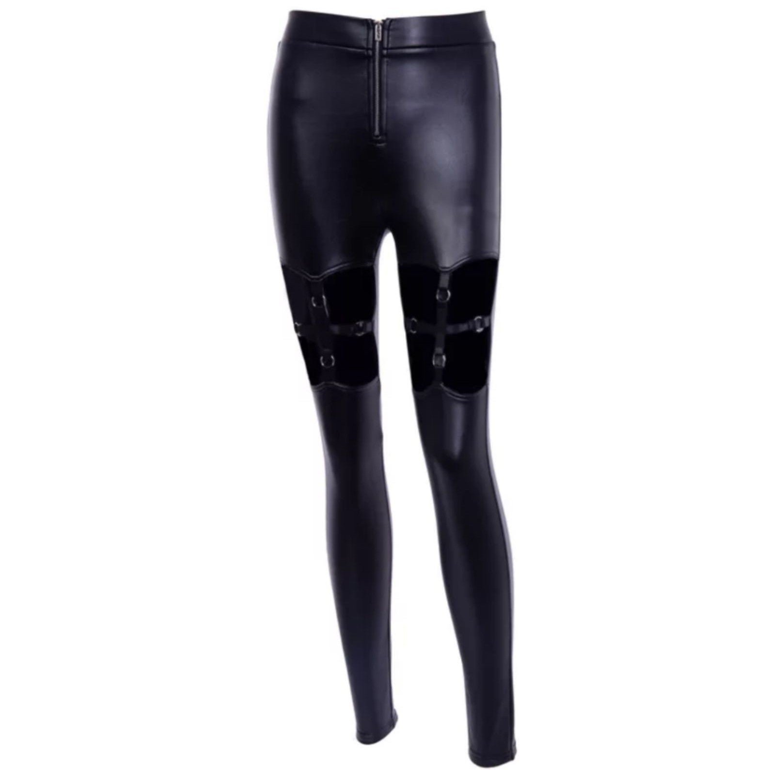 New Vegan Leather Cut Out O Ring Garter Lined Trousers