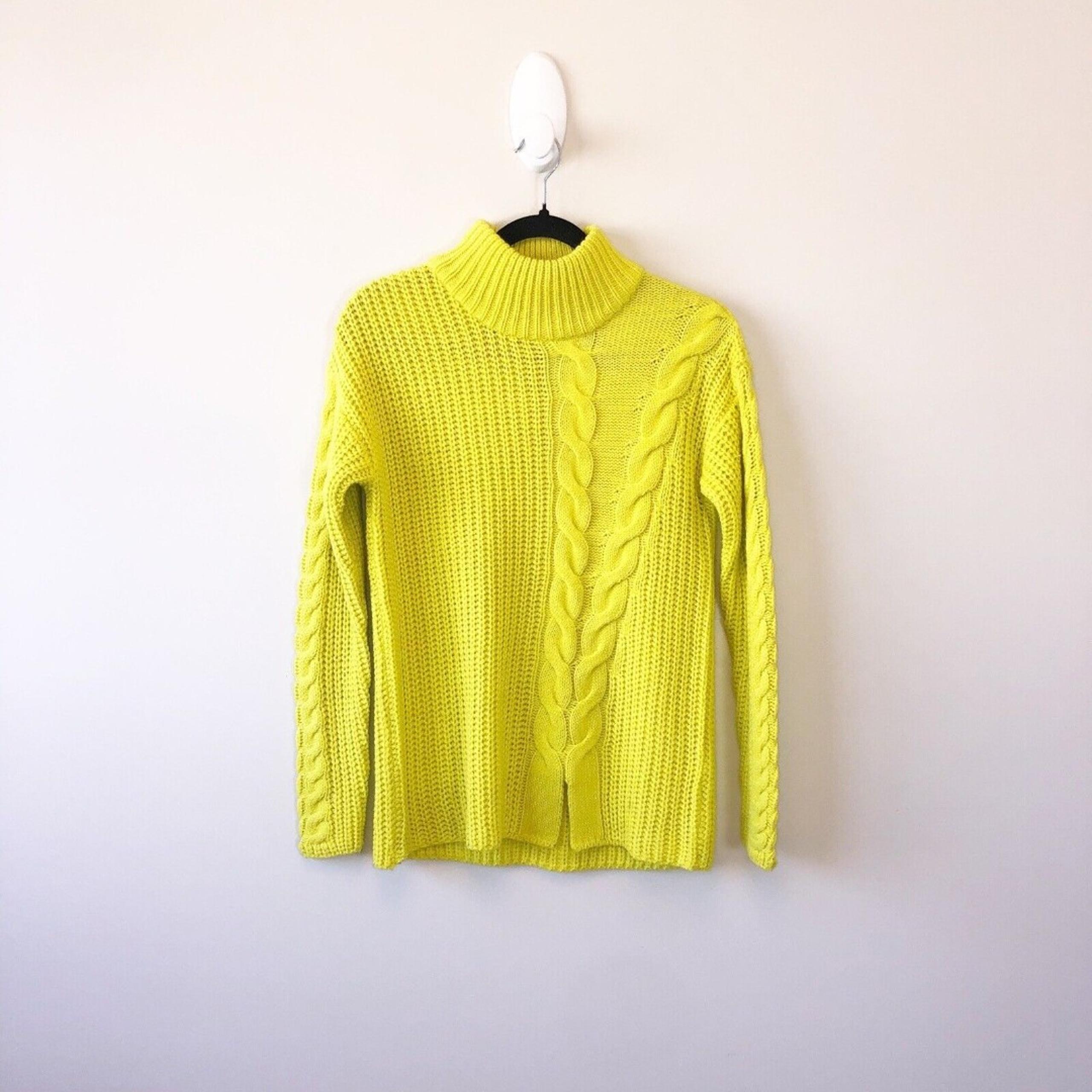 Poof Apparel Cable Knit Sweater Neon Yellow Mock Neck Slit Women's Size Small