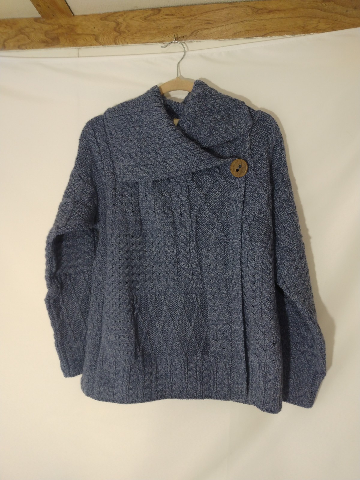 Womens Vintage Carraig Donn Blue 100% Wool Cable Knit Sweater Jacket Sz XL