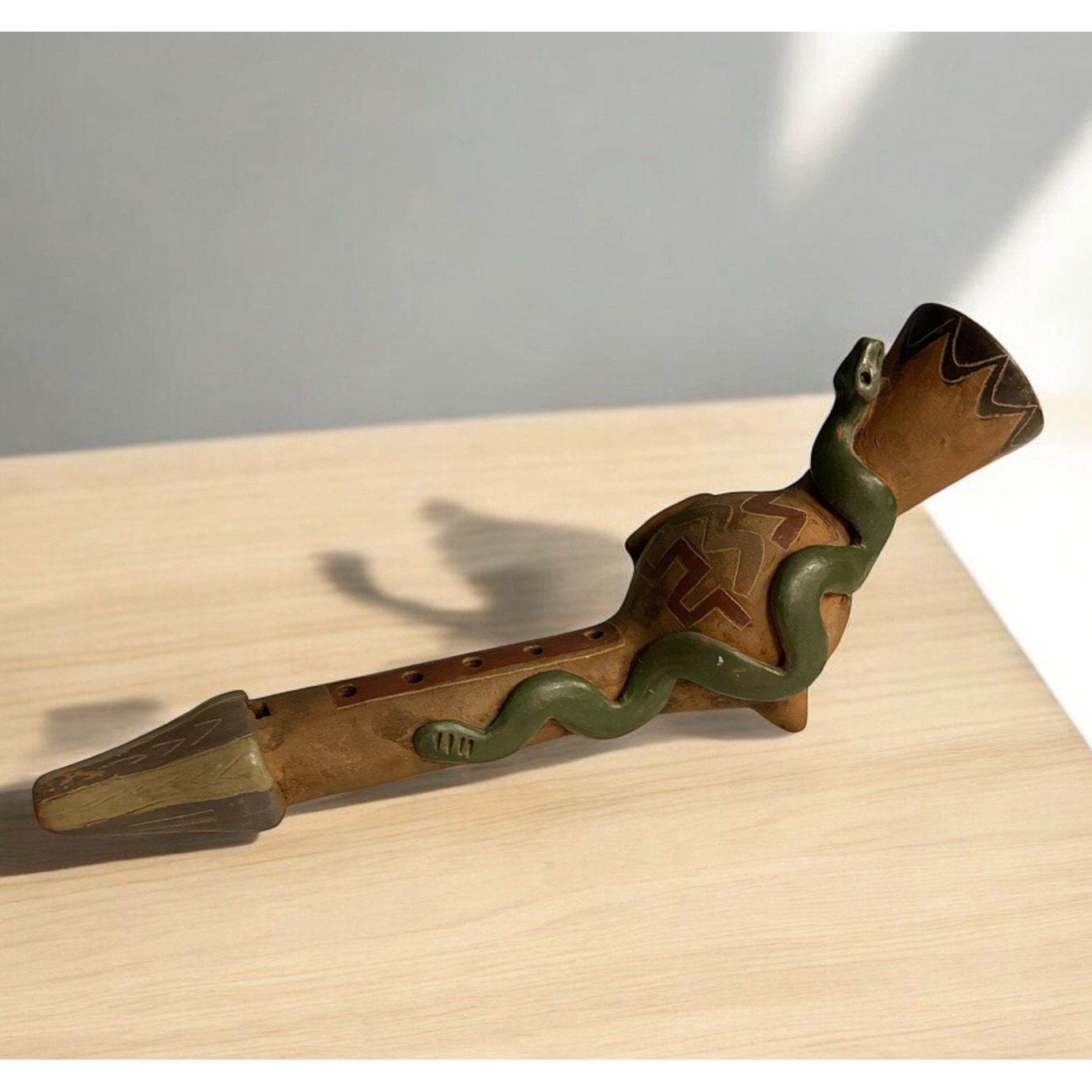 Vintage AZTEC MAYAN POTTERY FLUTE SERPENT Head terra-cotta clay Snake