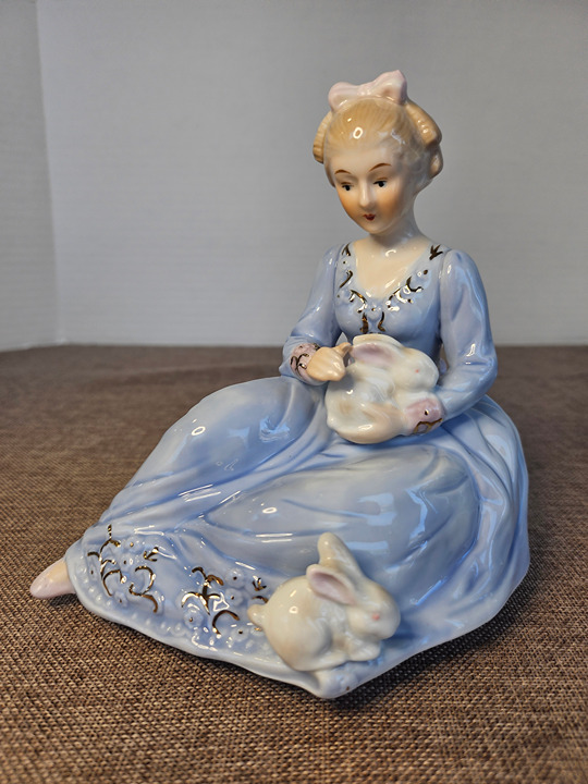 Vintage Musical Porcelain Revolving Figurine Plays Feelings Girl With Rabbits