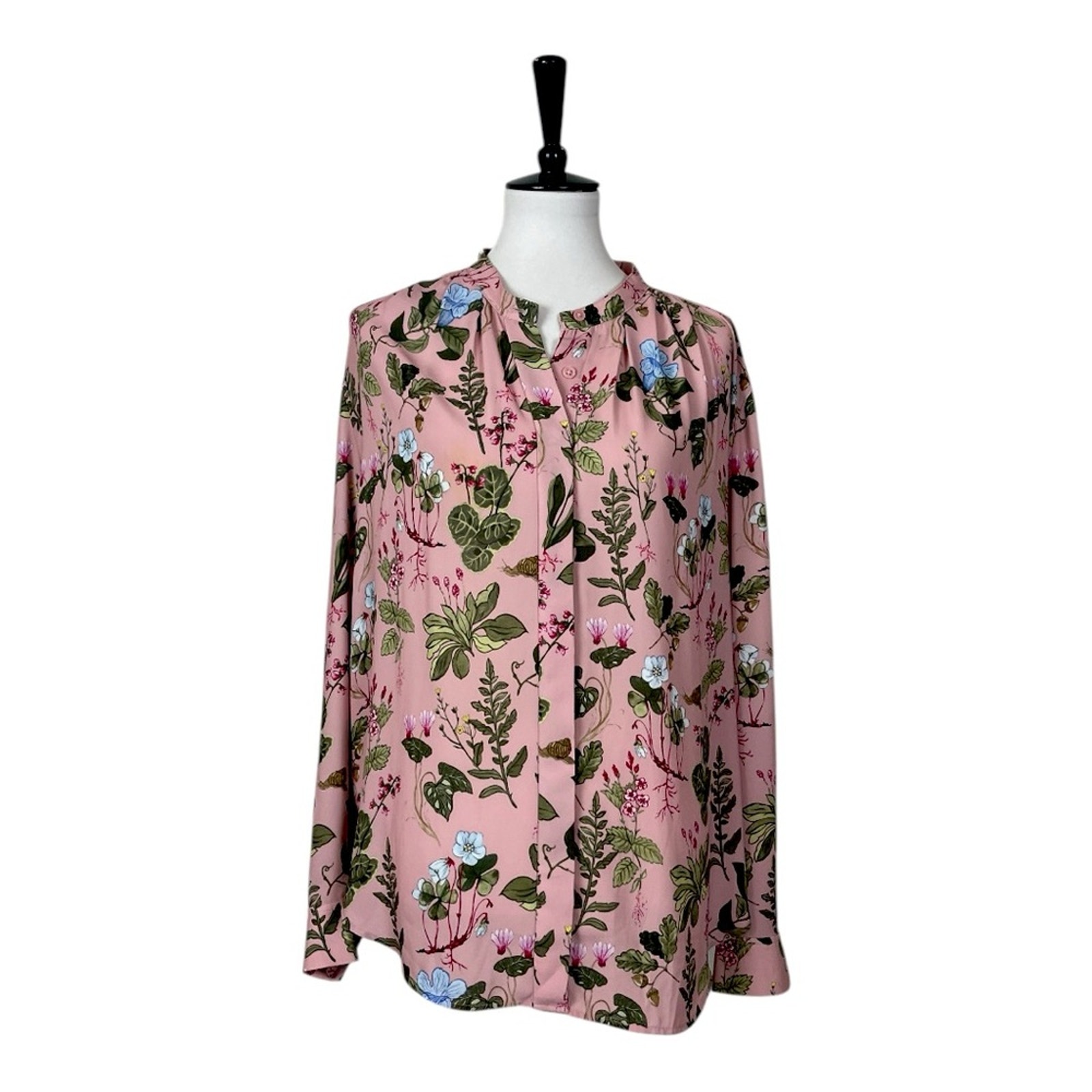Ann Taylor Button Down Top Collarless Ling Sleeves Pink Floral Women’s Size XL