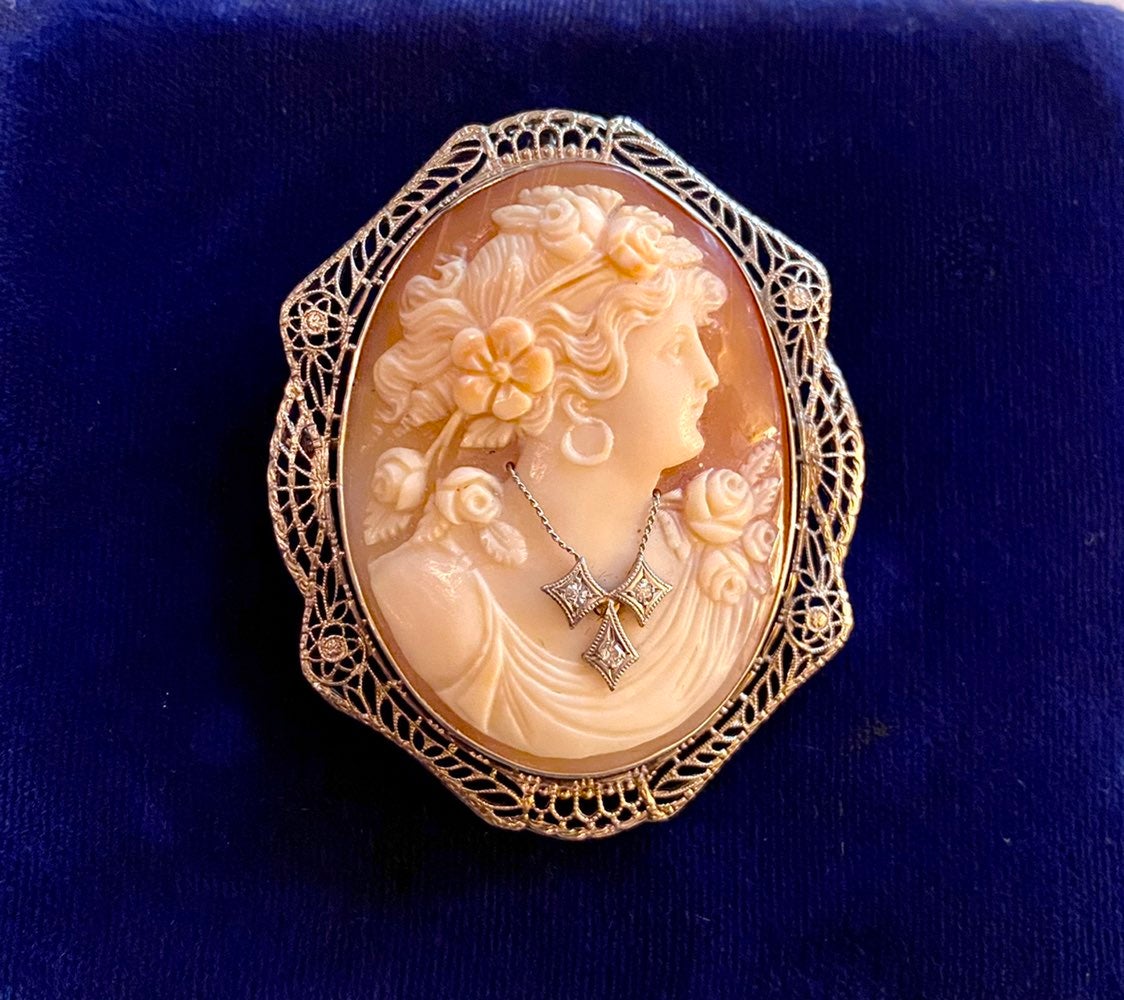 solid 14k white gold cameo brooch