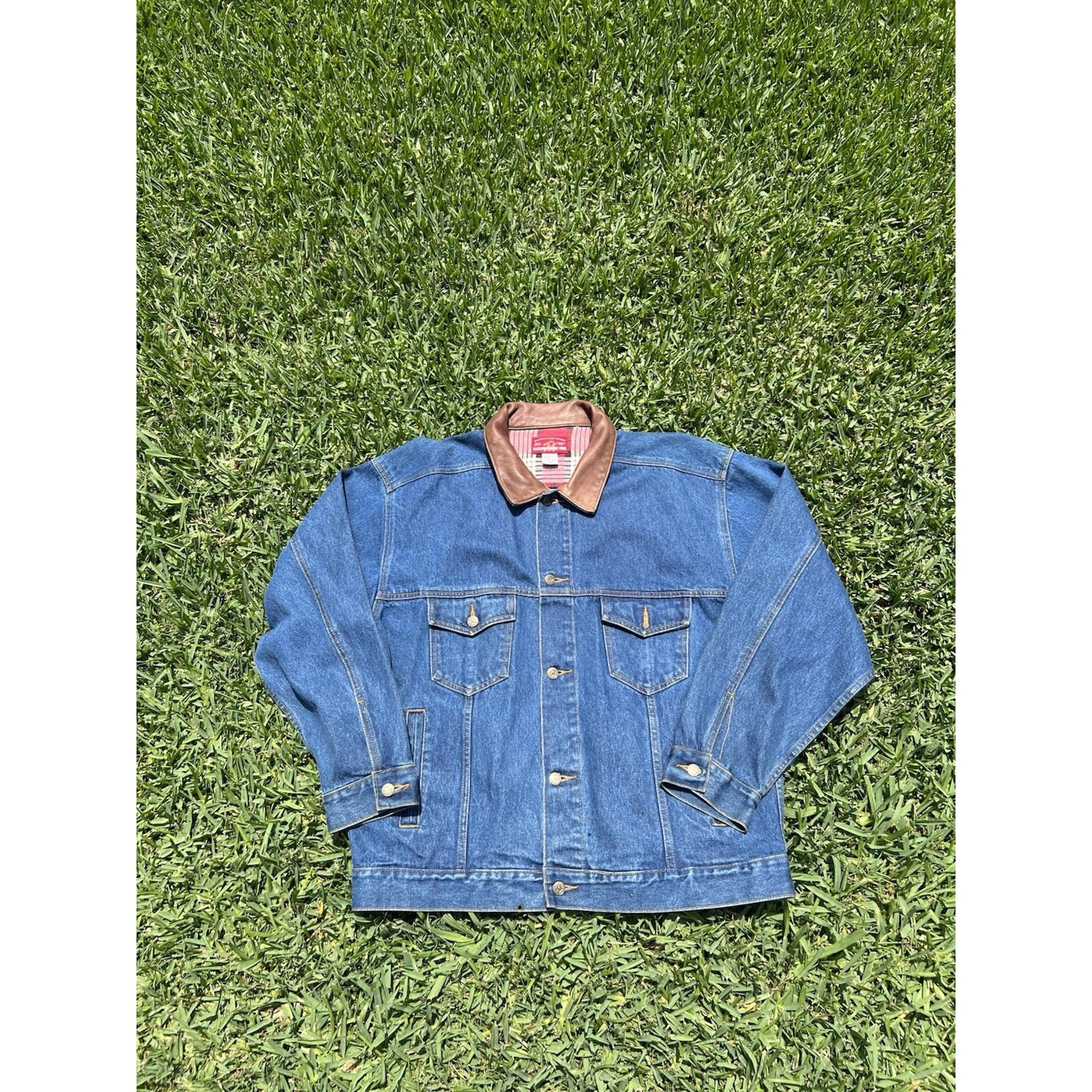 Vintage Marlboro Country Store Denim Jean Jacket Men's XL 90's Leather Trucker