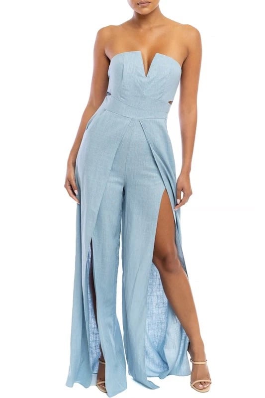 LUXXEL SUMMER STRAPLESS CUT OUT BLUE JUMPSUIT SIZE M