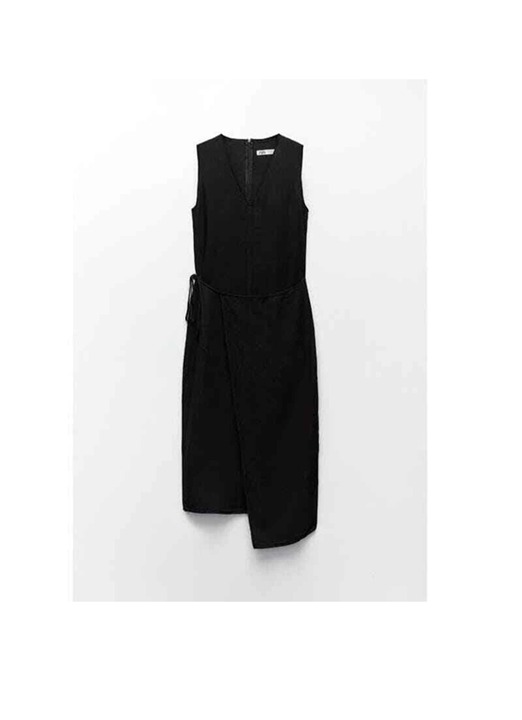 Zara The Marina 100% Linen Black Faux Wrap Dress Size M NWT