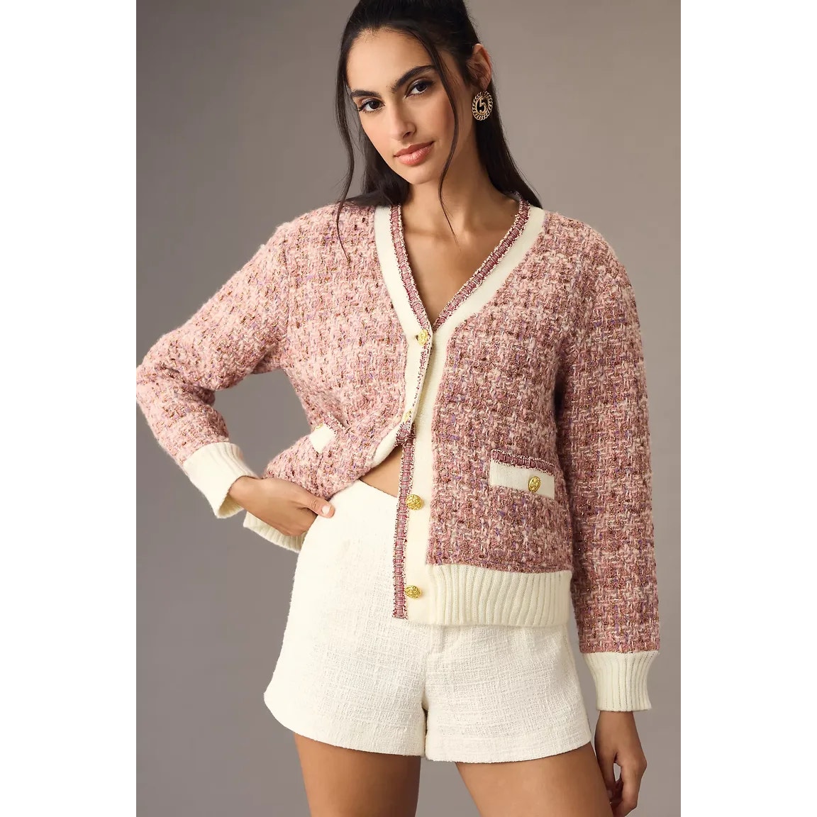 Maeve by Anthropologie Tweed Lurex Coatigan Button Front Plaided Pink Medium