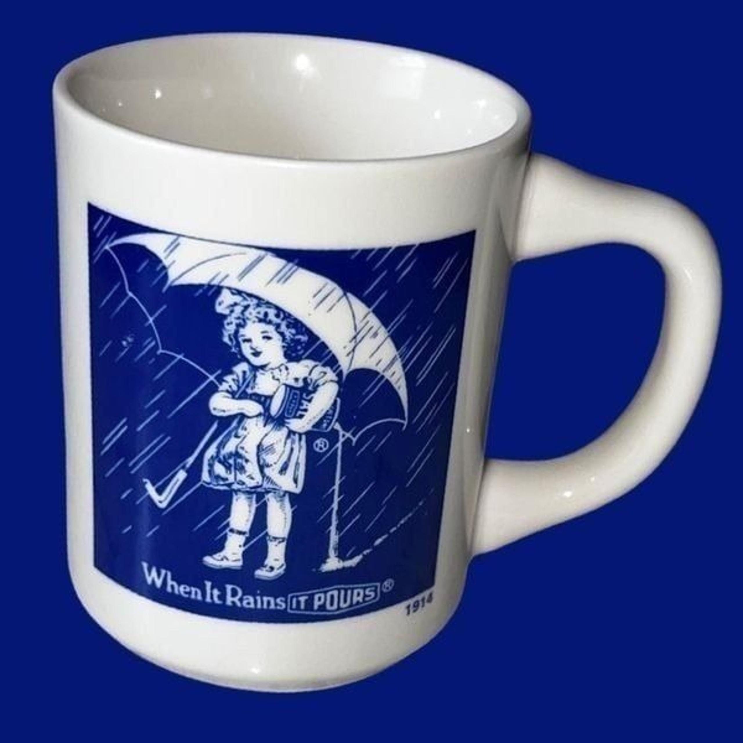 Vintage Morton Salt Ceramic Coffee Cup 1914 When it Rains it Pours” Logo