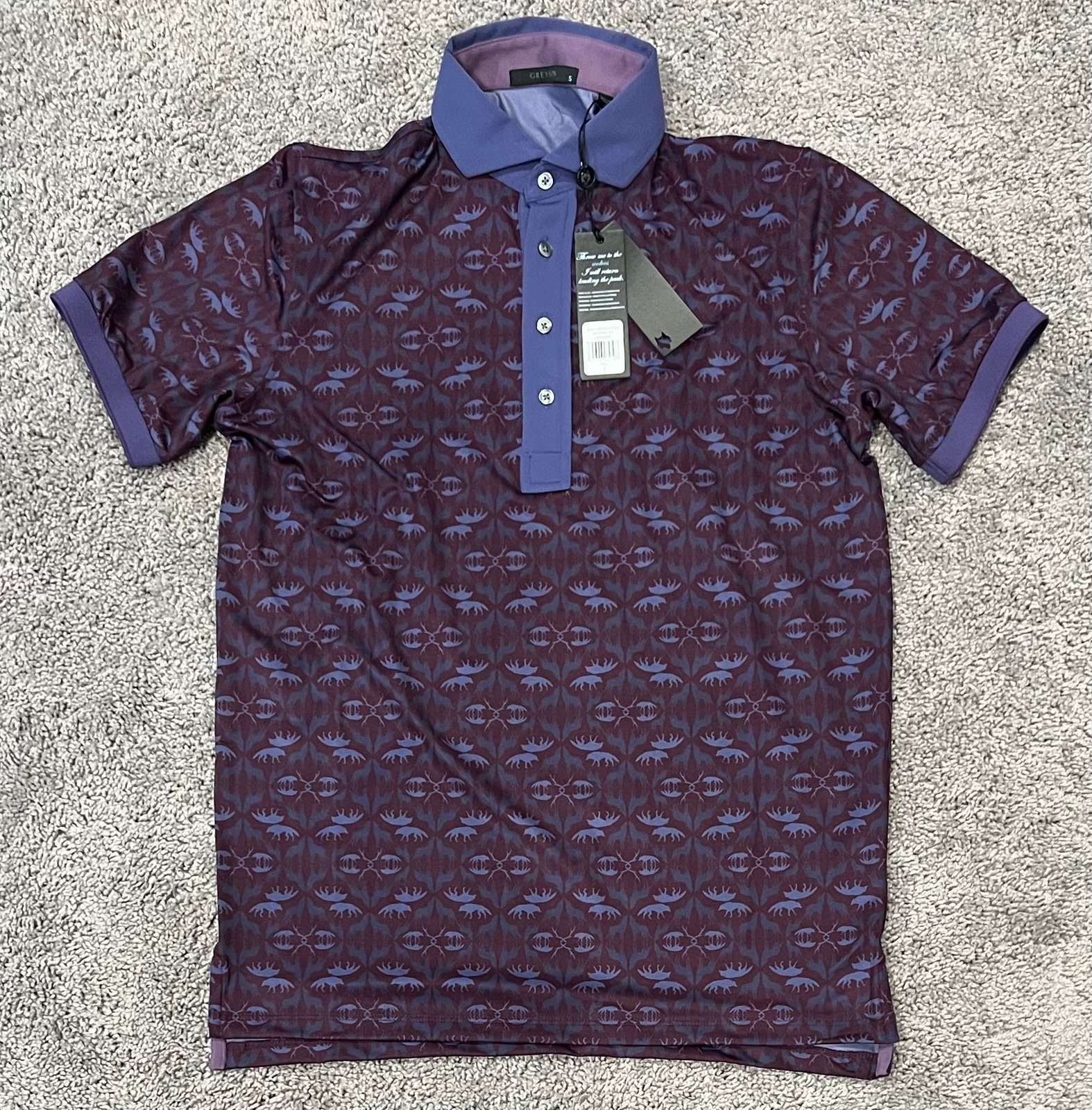 Greyson Golf Shirt Polo Wolf Labyrinth Print Large Aubergine Purple Mens Size S