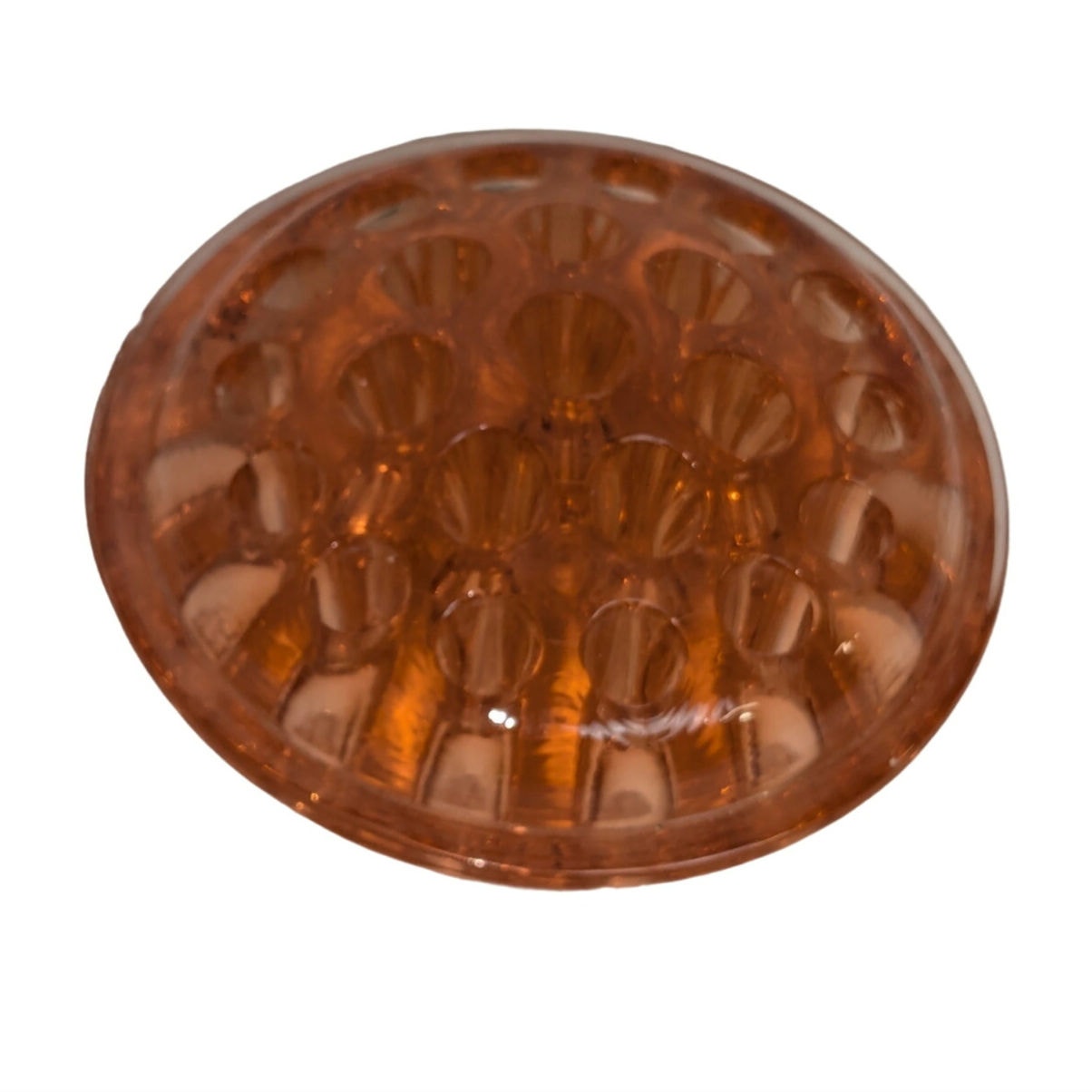 Vintage Large Amber Glass Flower Frog Floral Holder Coral Orange Pink Color