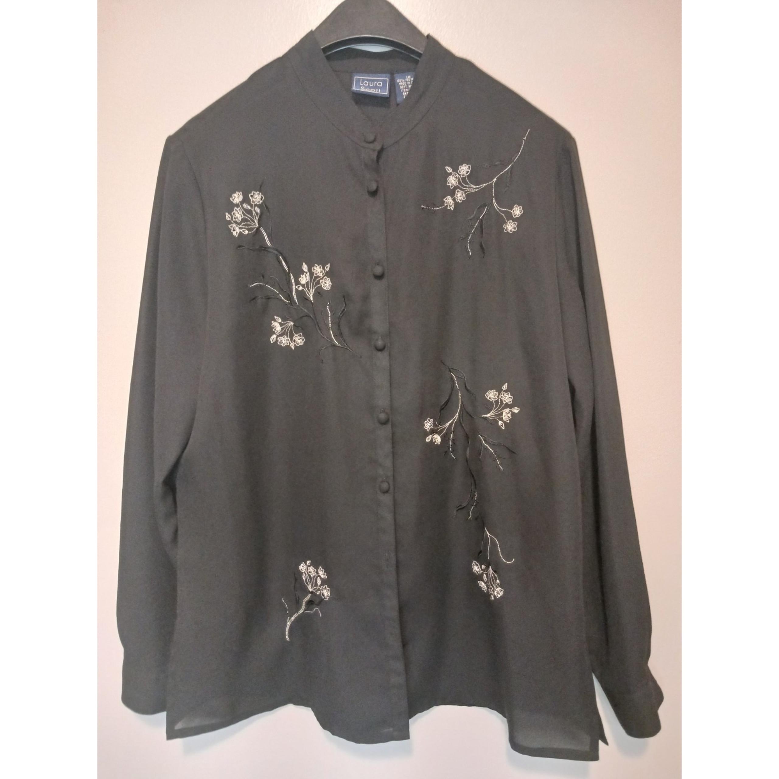 Laura Scott Womens Long Sleeve Button Down Polyester Shirt Floral Applica Sz 16