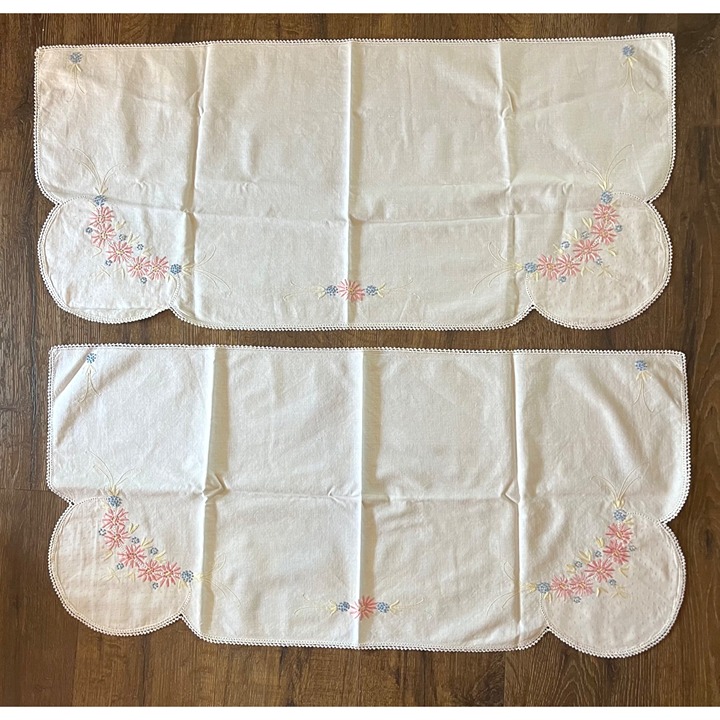 Vintage Set of 2 Hand-Embroidered Dresser Scarves Crochet Edge Pink Flowers