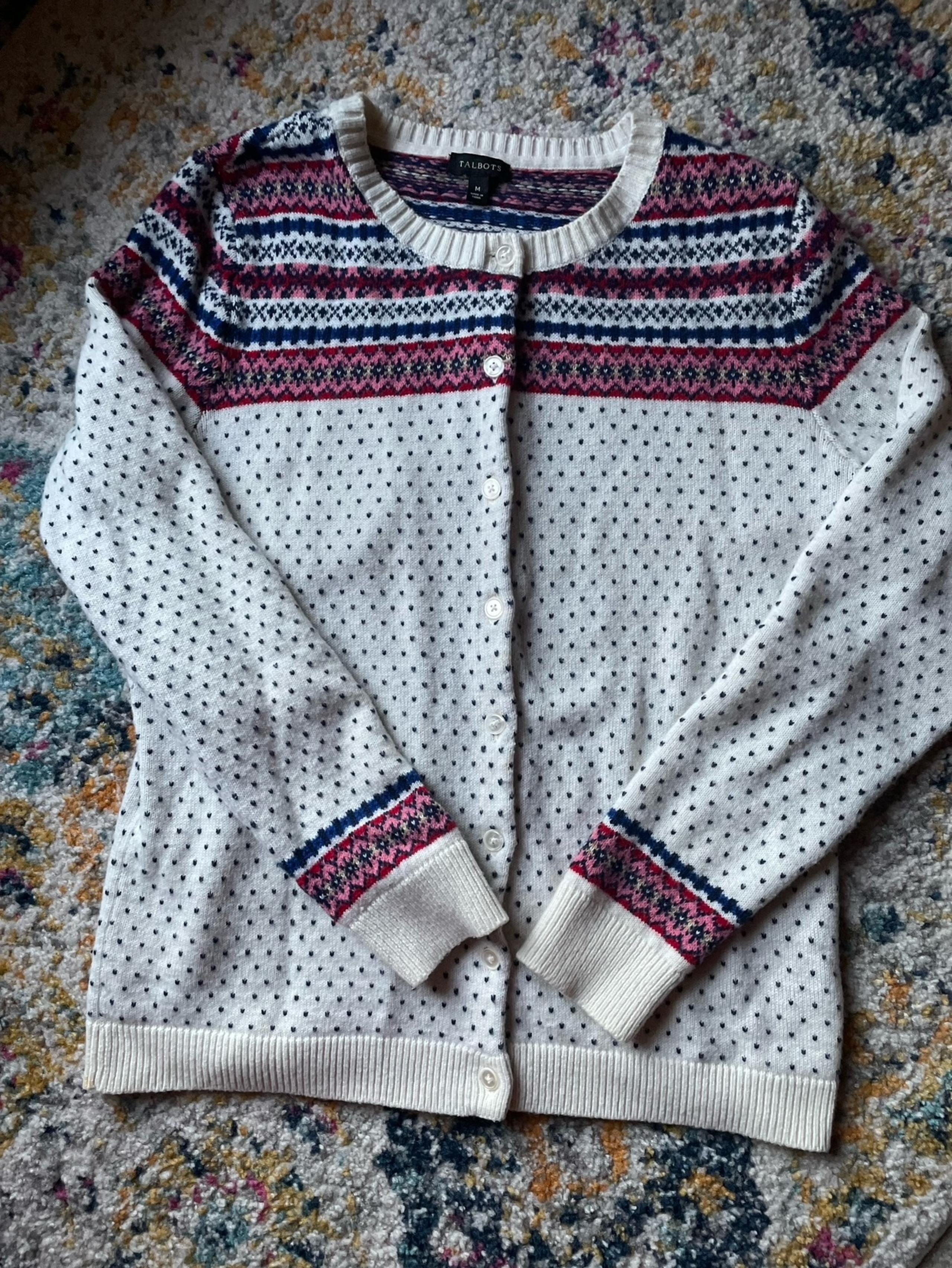 TALBOTS Womens Cardigan  Size Medium Lambswool Blend Soft Fair Isle Sweater