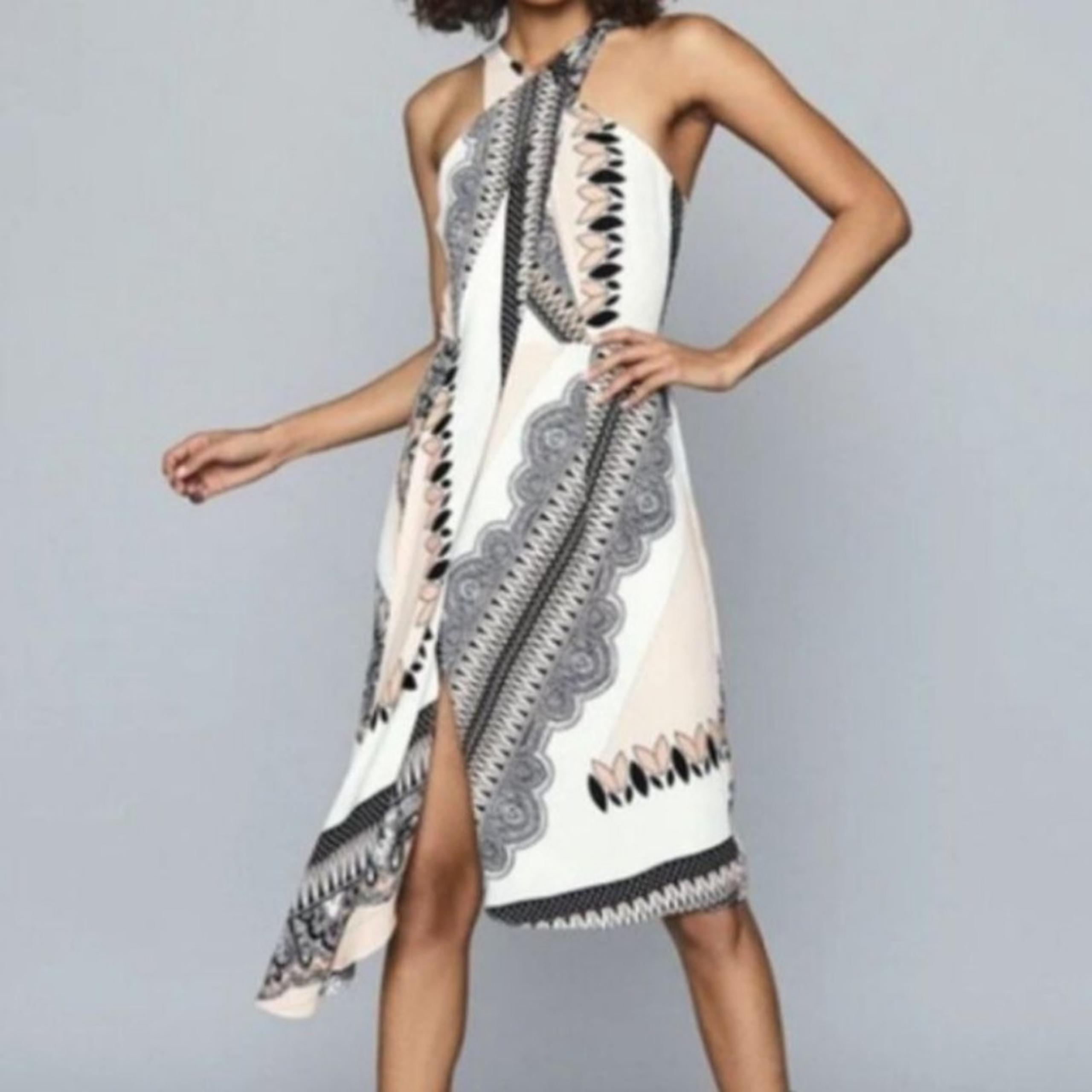 NWT REISS Hope Scarf Print Wrap Dress Asymmetrical Hem Pink White Black US 14