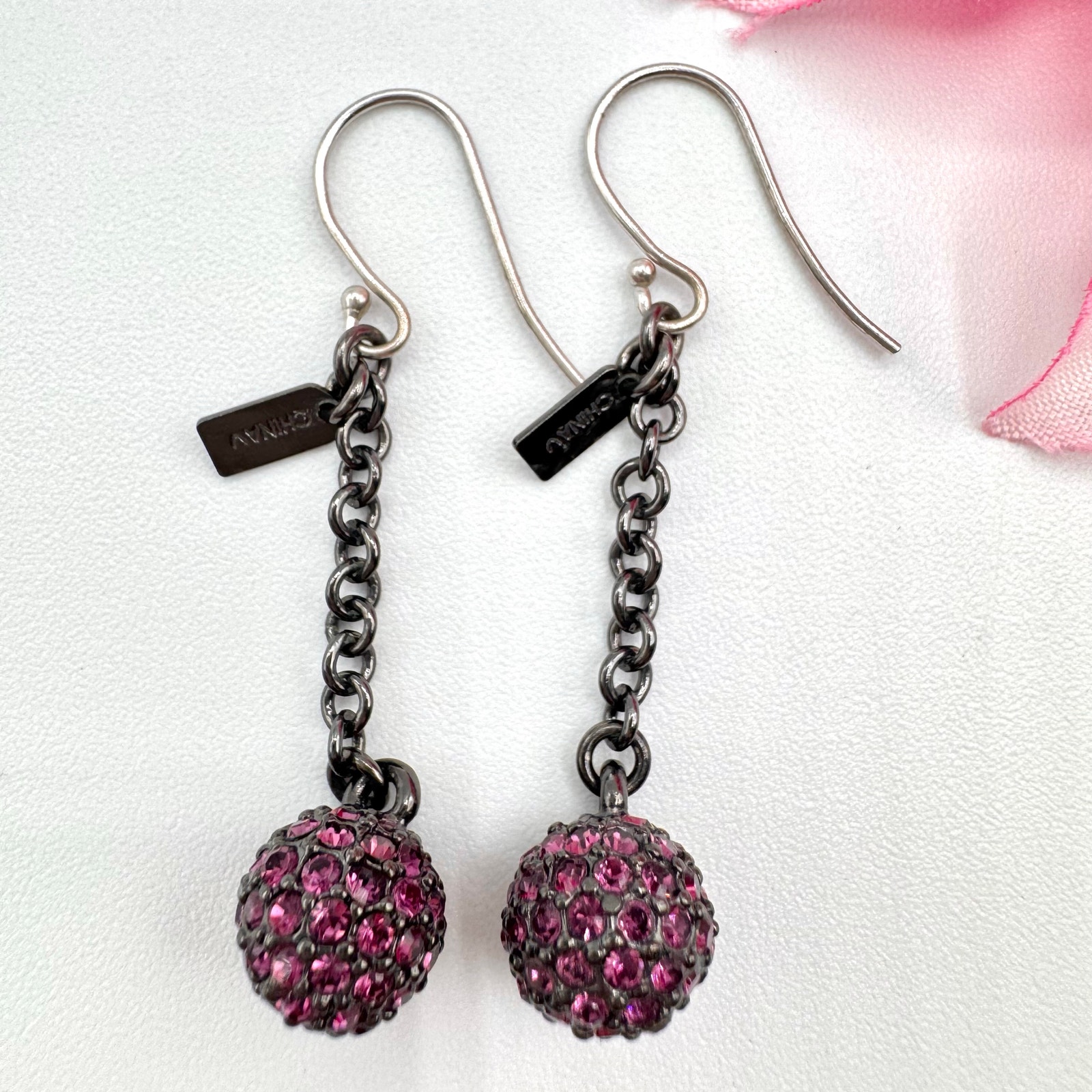 Coach Purple Pave Ball Linear Drop Earrings Gunmetal Gray Chain Signed Hang Tag