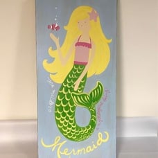 Pottery Barn Kids Wood Mermaid Hand Painted Surf Plaque~Fabulous~Fun~Vintage