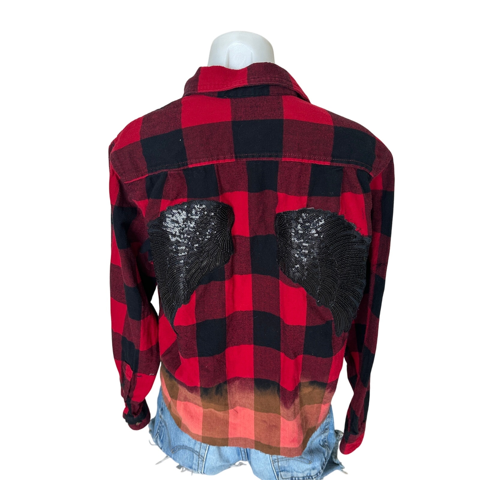 Angel Wings Plaid Flannel Shirt Shacket MEDIUM Oversize Unique Sequin Cropped