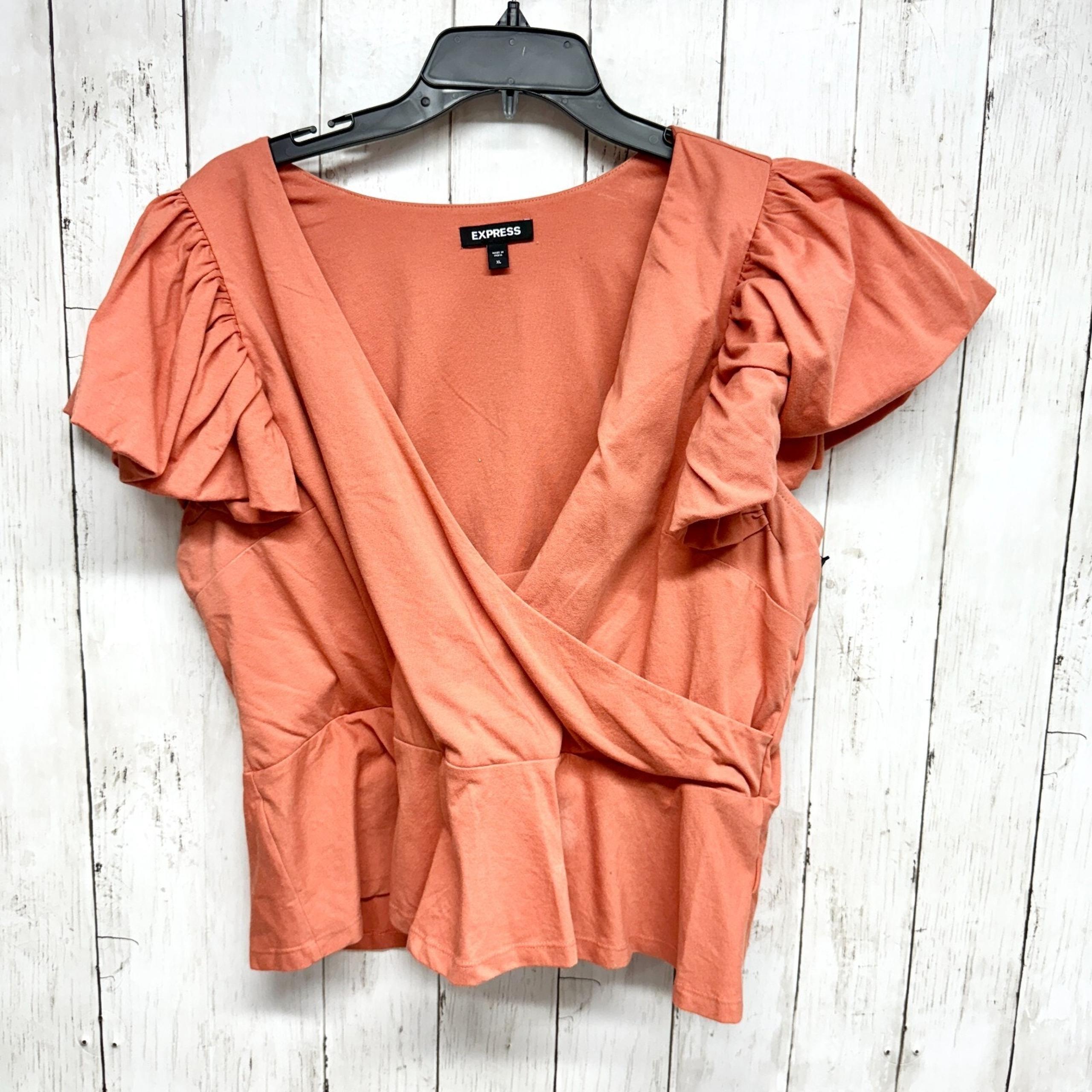 Express Top Women Sz XL Apricot Orange V Neck Flutter Sleeve Wrap Peplum