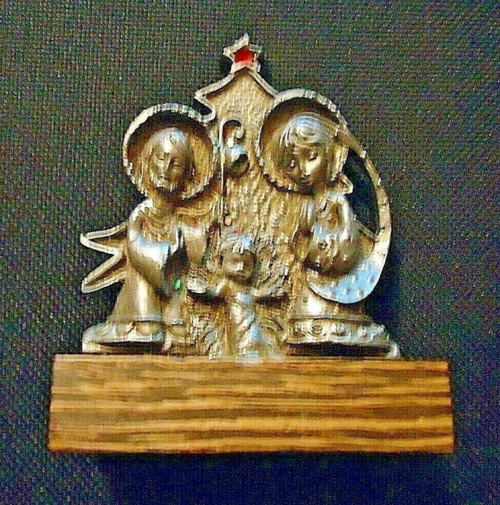 Vintage Small Pewter Manger Nativity Wood Base Made in Italy 2.75