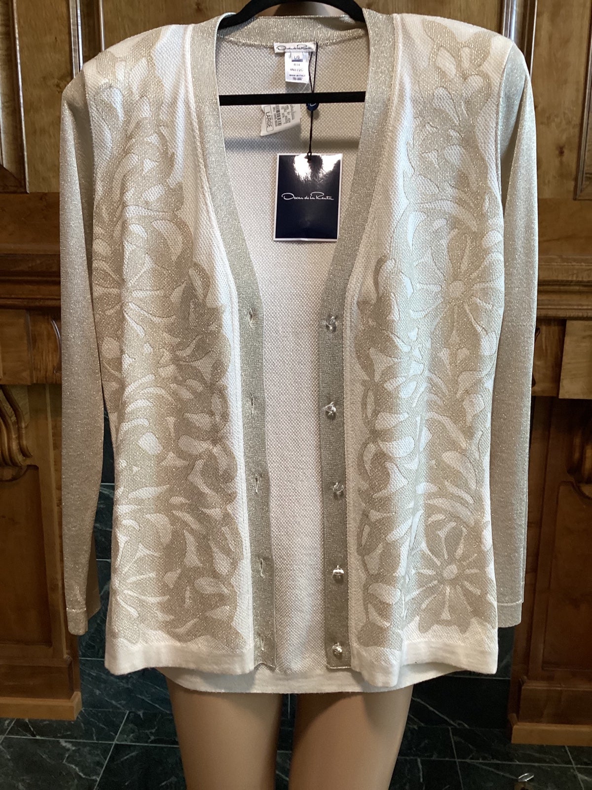 Oscar de la Renta cream & gold embellished button down cardigan Sz L NWT