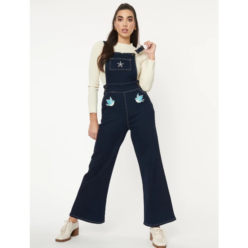 Collectif Tattoo Flash Renata Overalls Embroidered Bird Wide Leg Denim
