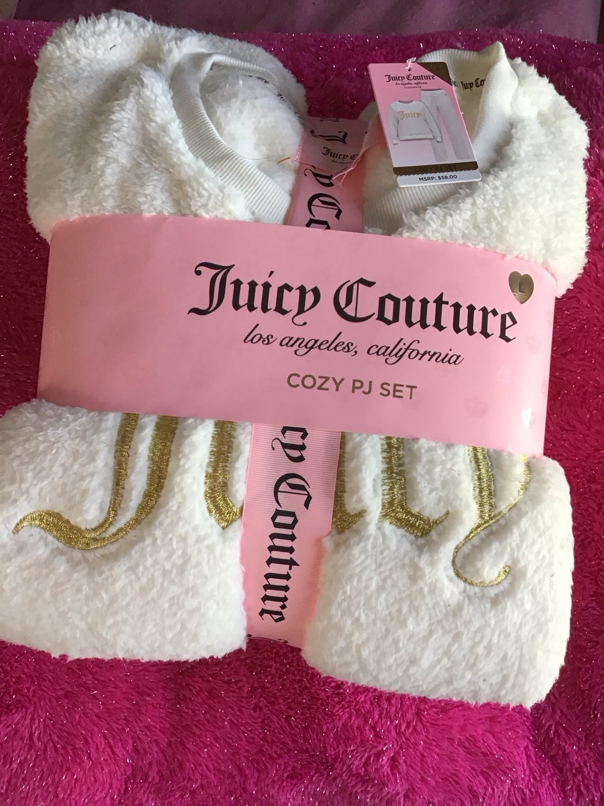 Mother’s Gift Idea Juicy Couture PJ Cozy Fluffy White Pajama Set Size Large New