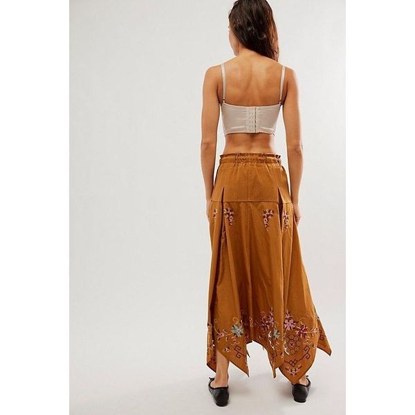 Free People Arielle Maxi Skirt Brown Handkerchief Hem Embroidered