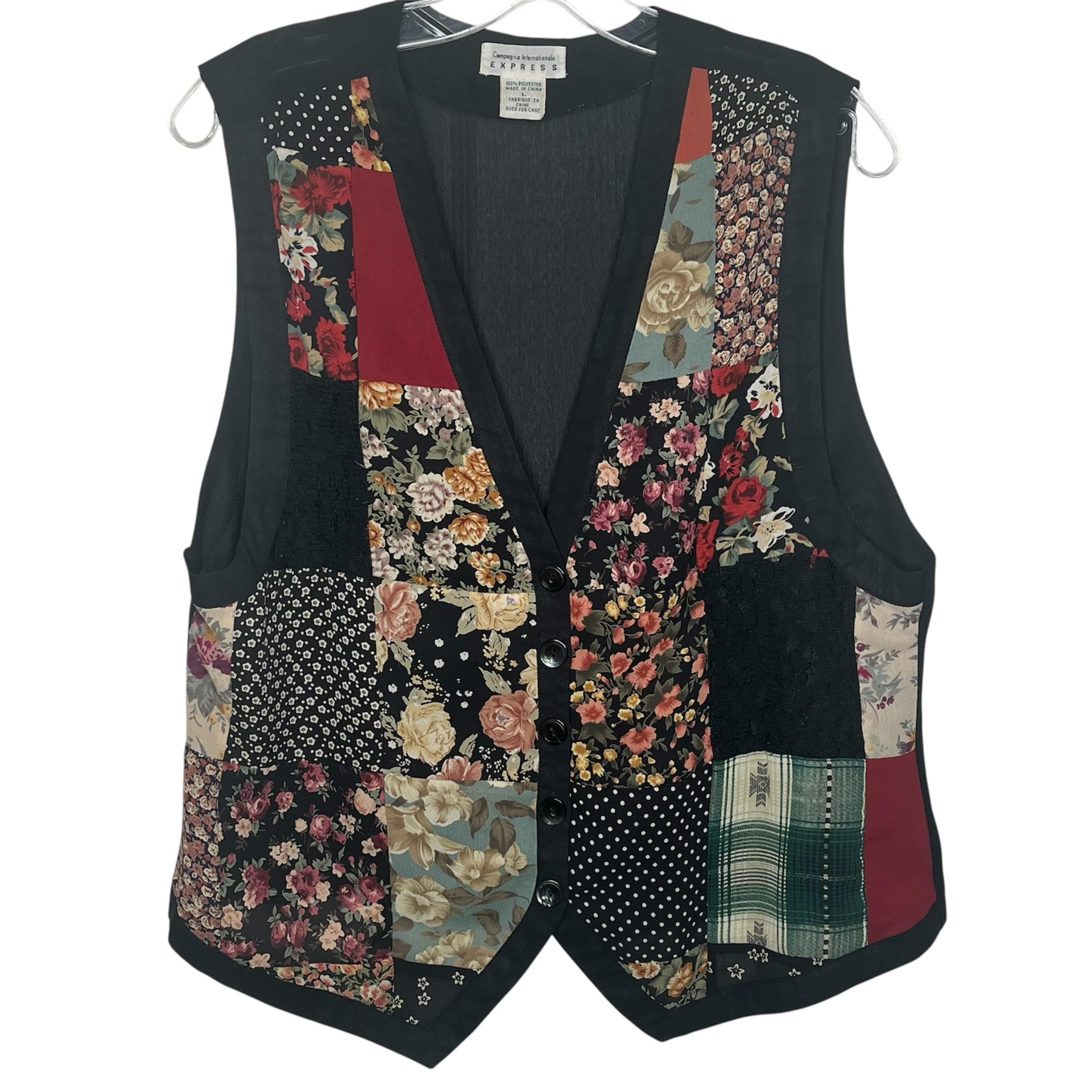 Express Y2K Patchwork Vest Sz L Floral Lace
