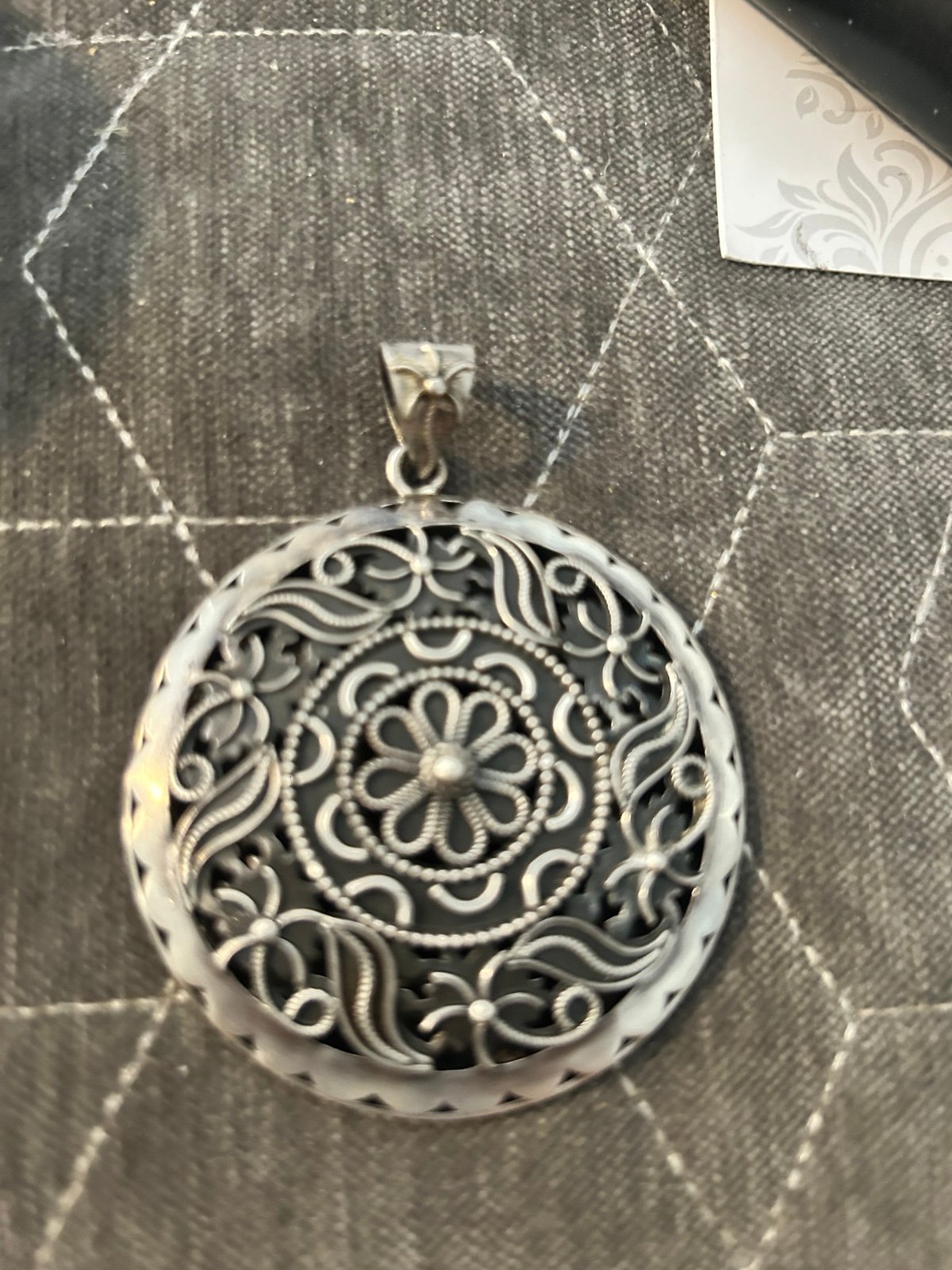 dP India Sterling Silver Large Disk Pendant Scroll Design Vintage