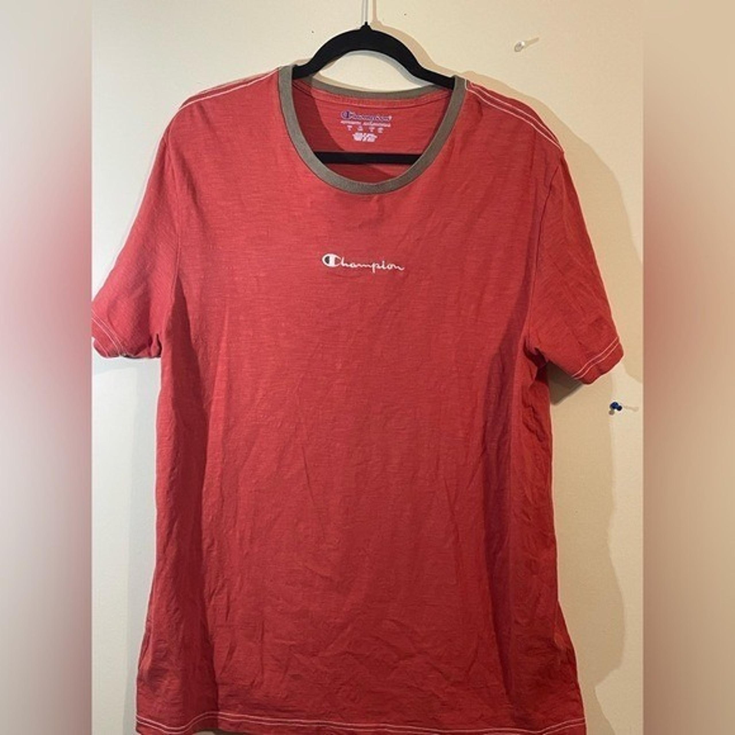 Champion Shirt Men's XLarge Red W Gray Trim Authentic Embroidered Logo Crew Neck