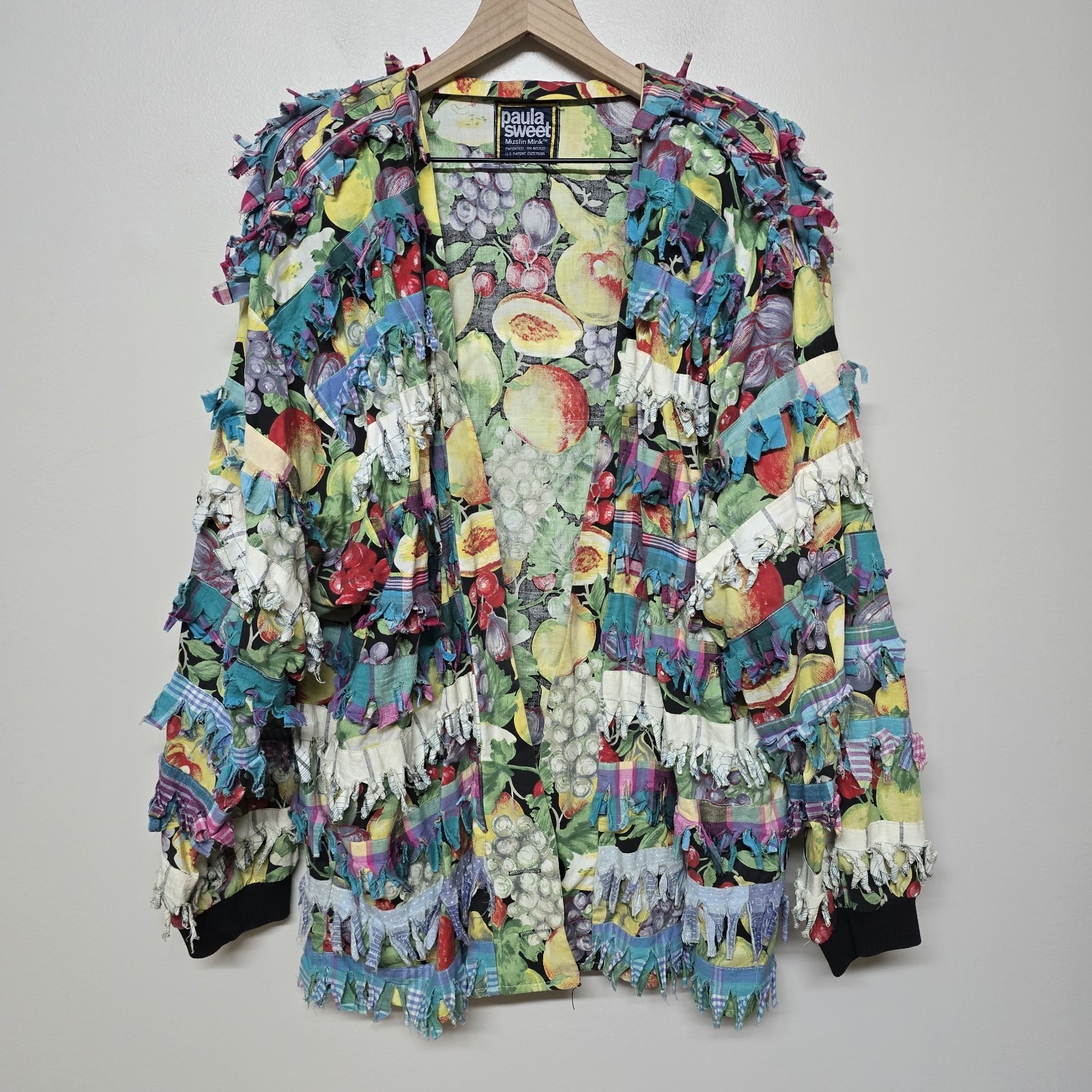 Vintage 80s Paula Sweet Muslin Mink Fringe Floral Fruit Patchwork Jacket No Size